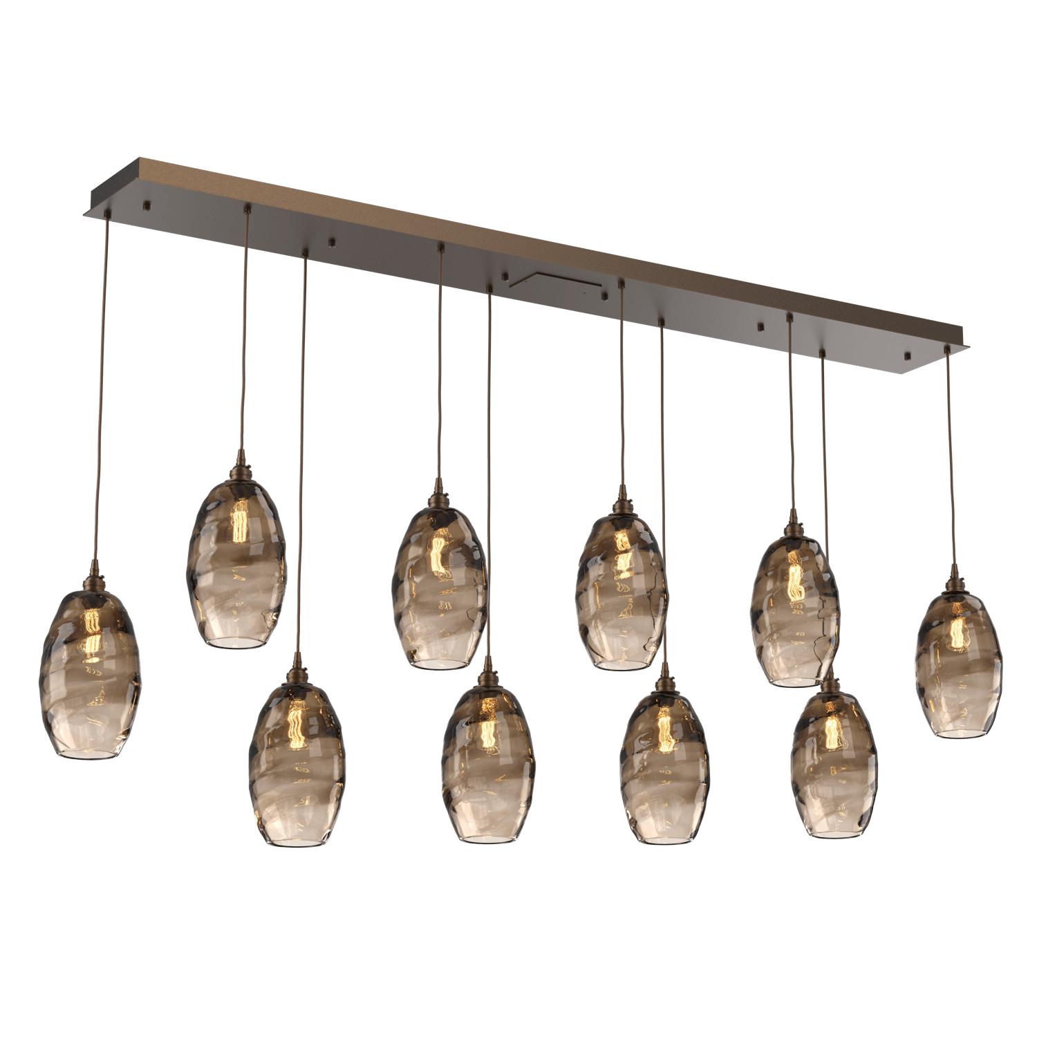 PLB0035-10-FB-OB-Hammerton-Studio-Optic-Blown-Glass-Elisse-10-light-linear-pendant-chandelier-with-flat-bronze-finish-and-optic-bronze-blown-glass-shades-and-incandescent-lamping