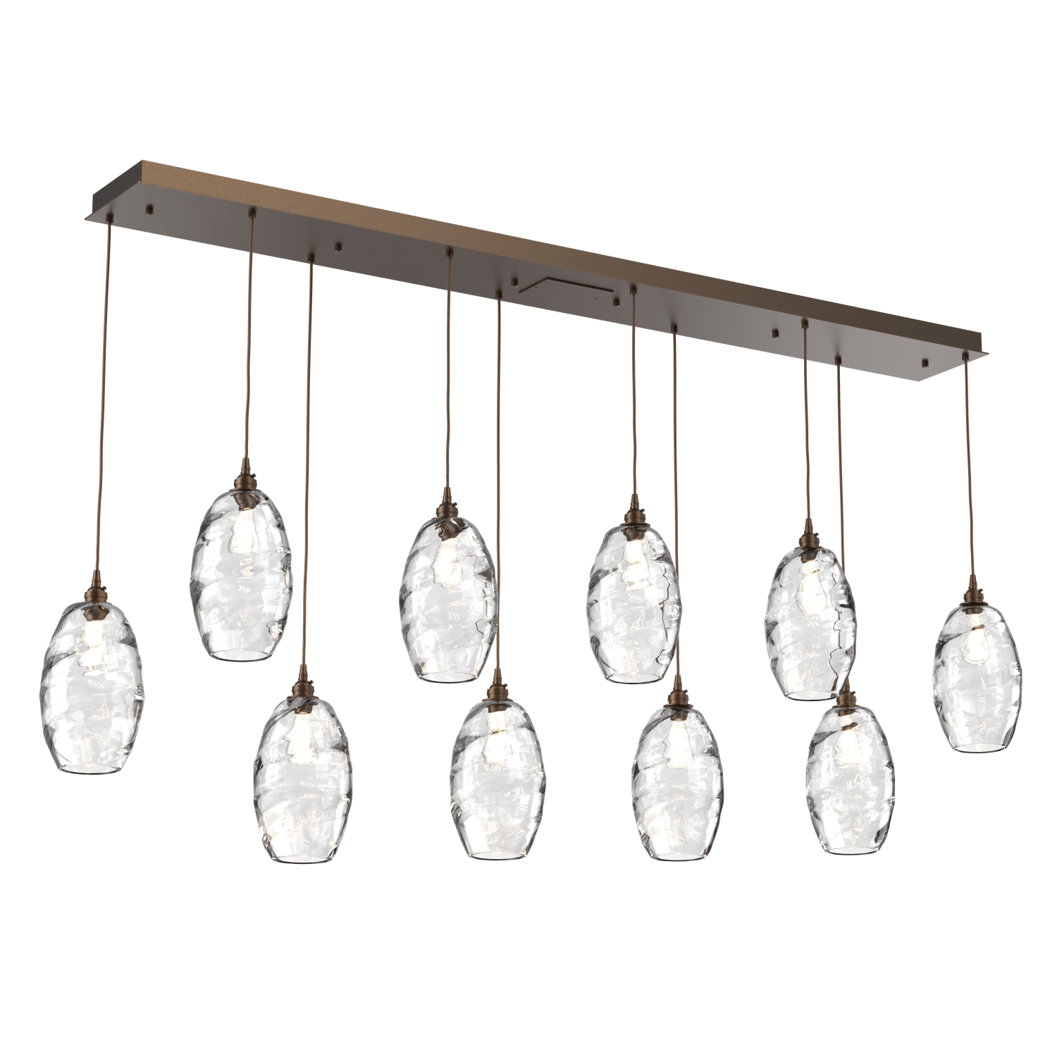 PLB0035-10-FB-OC-Hammerton-Studio-Optic-Blown-Glass-Elisse-10-light-linear-pendant-chandelier-with-flat-bronze-finish-and-optic-clear-blown-glass-shades-and-incandescent-lamping