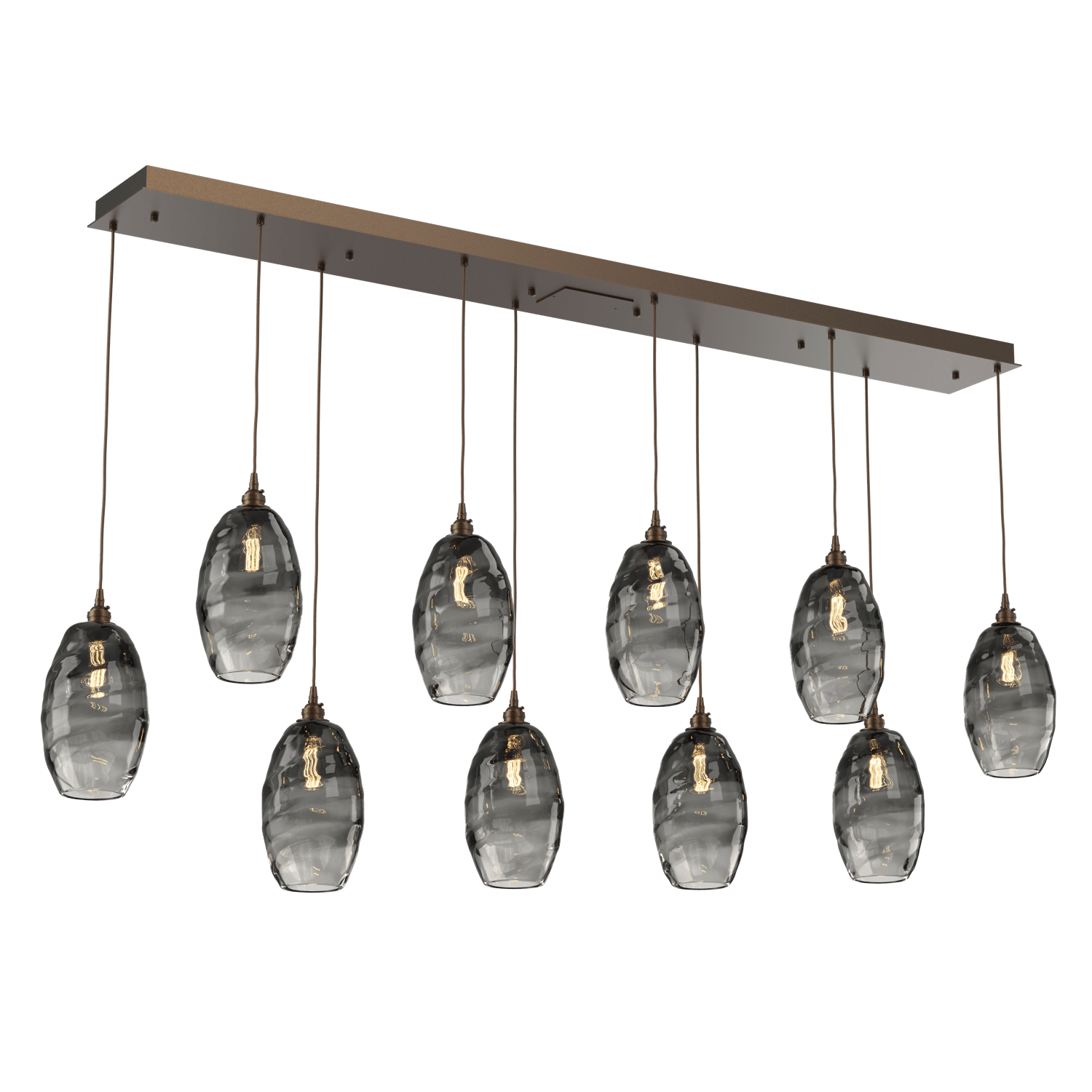 PLB0035-10-FB-OS-Hammerton-Studio-Optic-Blown-Glass-Elisse-10-light-linear-pendant-chandelier-with-flat-bronze-finish-and-optic-smoke-blown-glass-shades-and-incandescent-lamping