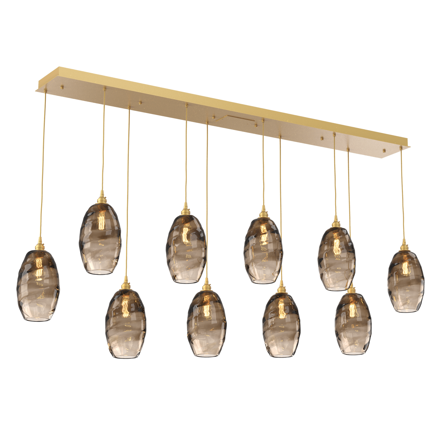 PLB0035-10-GB-OB-Hammerton-Studio-Optic-Blown-Glass-Elisse-10-light-linear-pendant-chandelier-with-gilded-brass-finish-and-optic-bronze-blown-glass-shades-and-incandescent-lamping