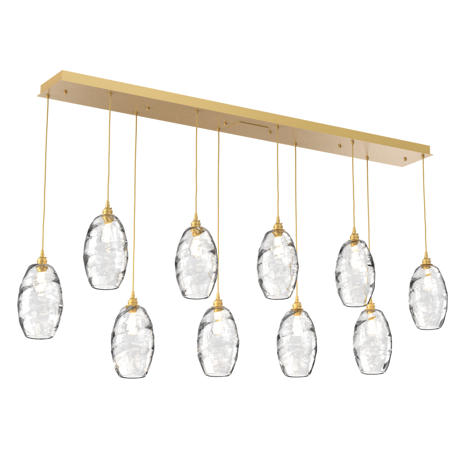 PLB0035-10-GB-OC-Hammerton-Studio-Optic-Blown-Glass-Elisse-10-light-linear-pendant-chandelier-with-gilded-brass-finish-and-optic-clear-blown-glass-shades-and-incandescent-lamping