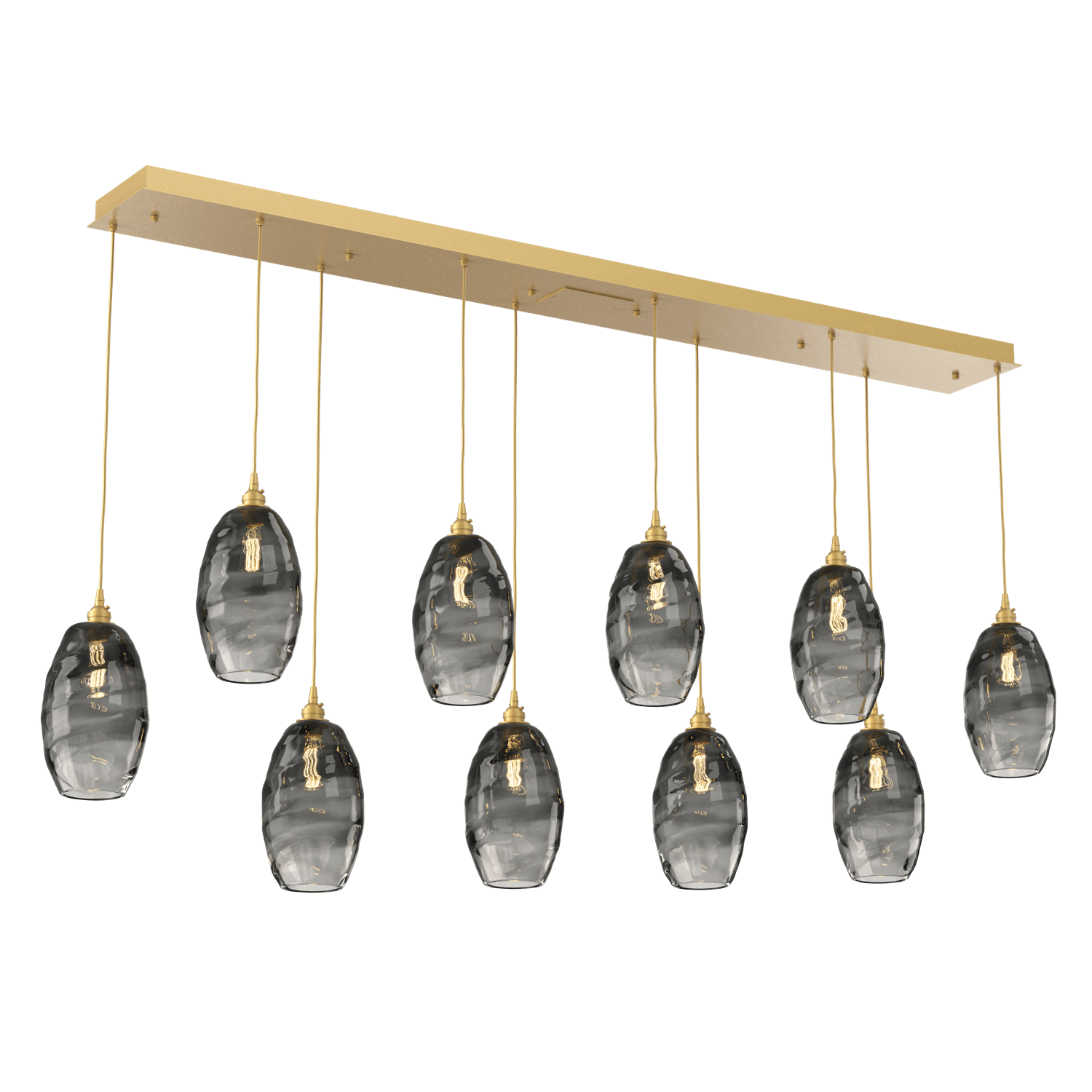 PLB0035-10-GB-OS-Hammerton-Studio-Optic-Blown-Glass-Elisse-10-light-linear-pendant-chandelier-with-gilded-brass-finish-and-optic-smoke-blown-glass-shades-and-incandescent-lamping