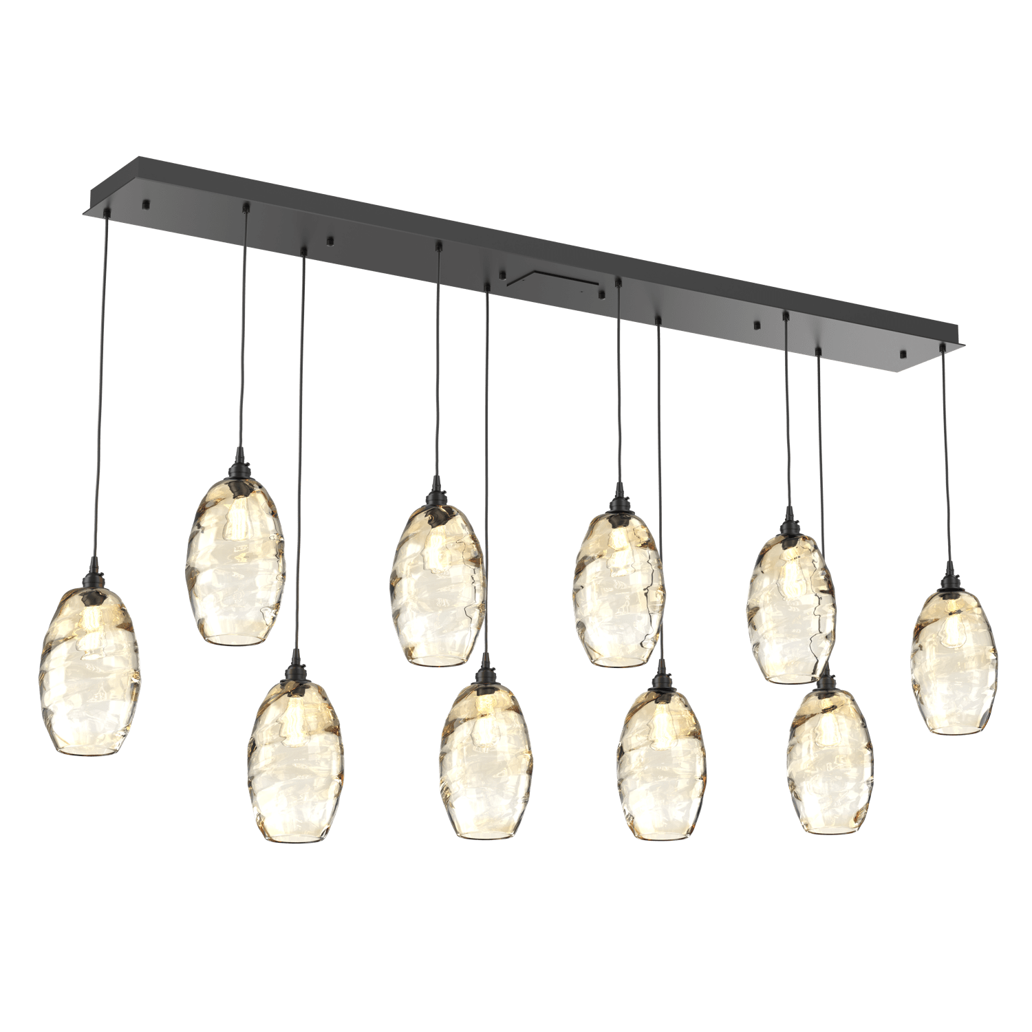 PLB0035-10-MB-OA-Hammerton-Studio-Optic-Blown-Glass-Elisse-10-light-linear-pendant-chandelier-with-matte-black-finish-and-optic-amber-blown-glass-shades-and-incandescent-lamping