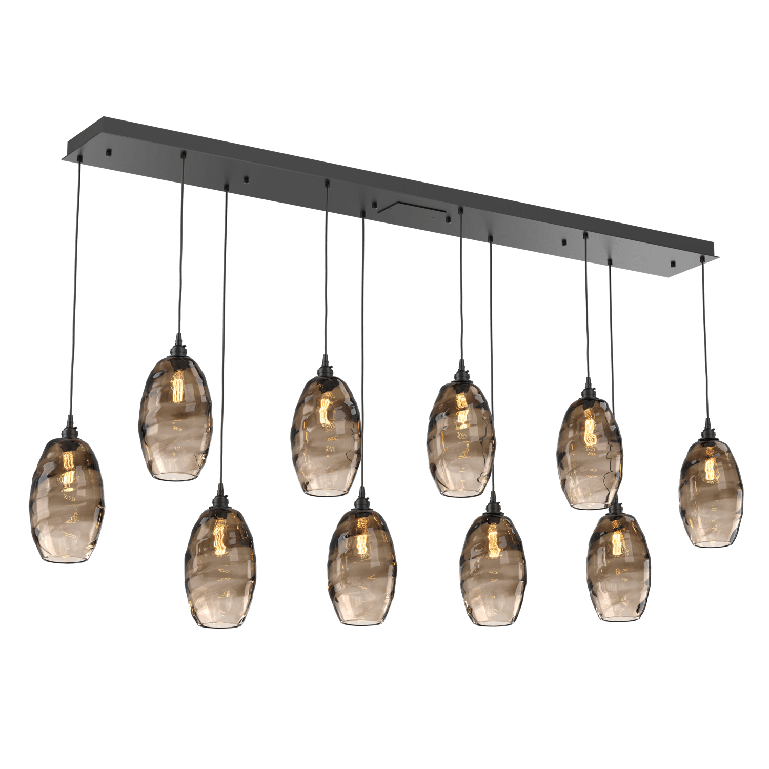 PLB0035-10-MB-OB-Hammerton-Studio-Optic-Blown-Glass-Elisse-10-light-linear-pendant-chandelier-with-matte-black-finish-and-optic-bronze-blown-glass-shades-and-incandescent-lamping