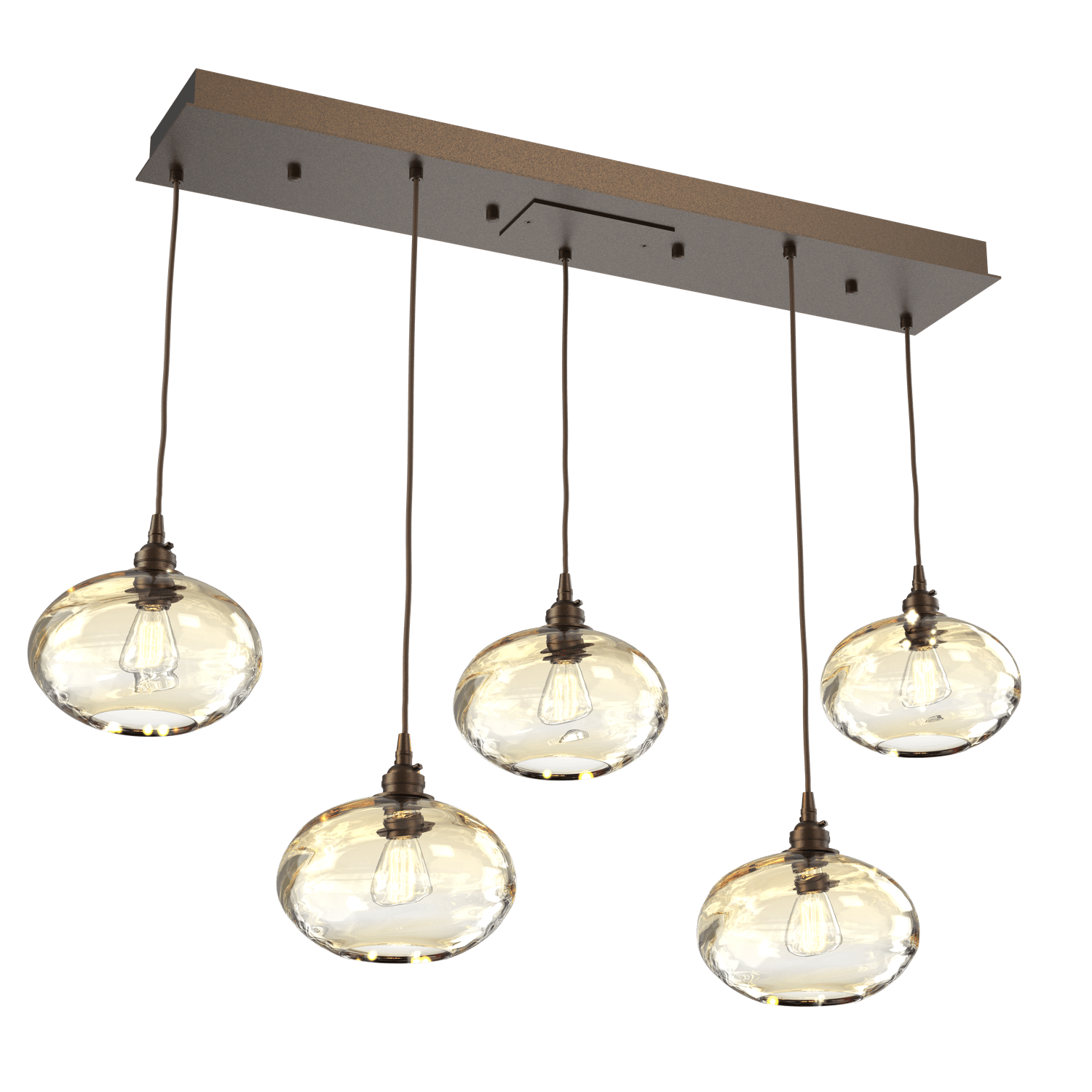 PLB0036-05-FB-OA-Hammerton-Studio-Optic-Blown-Glass-Coppa-5-light-linear-pendant-chandelier-with-flat-bronze-finish-and-optic-amber-blown-glass-shades-and-incandescent-lamping