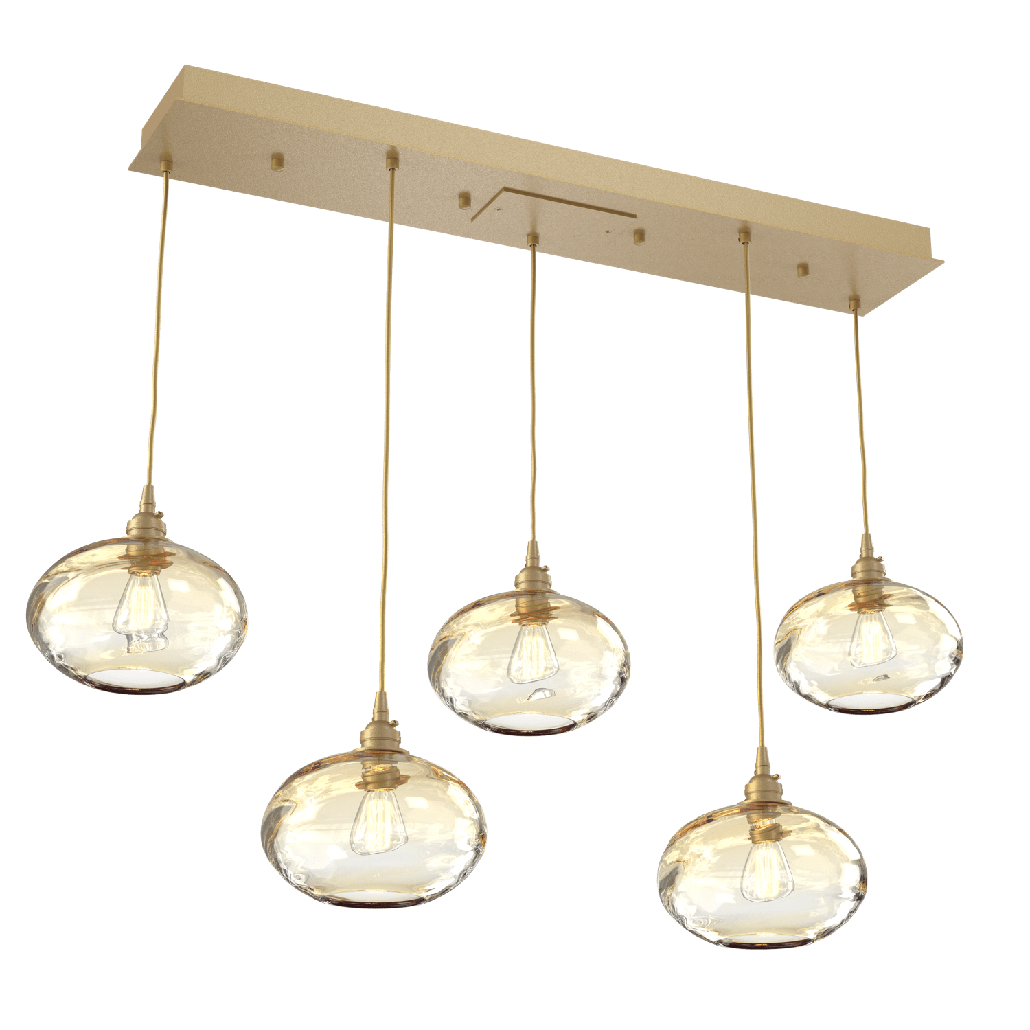 PLB0036-05-GB-OA-Hammerton-Studio-Optic-Blown-Glass-Coppa-5-light-linear-pendant-chandelier-with-gilded-brass-finish-and-optic-amber-blown-glass-shades-and-incandescent-lamping