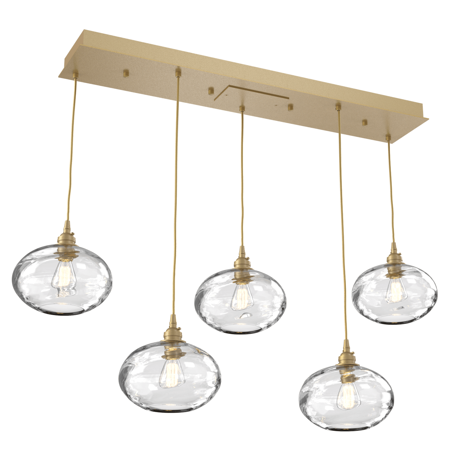 PLB0036-05-GB-OC-Hammerton-Studio-Optic-Blown-Glass-Coppa-5-light-linear-pendant-chandelier-with-gilded-brass-finish-and-optic-clear-blown-glass-shades-and-incandescent-lamping