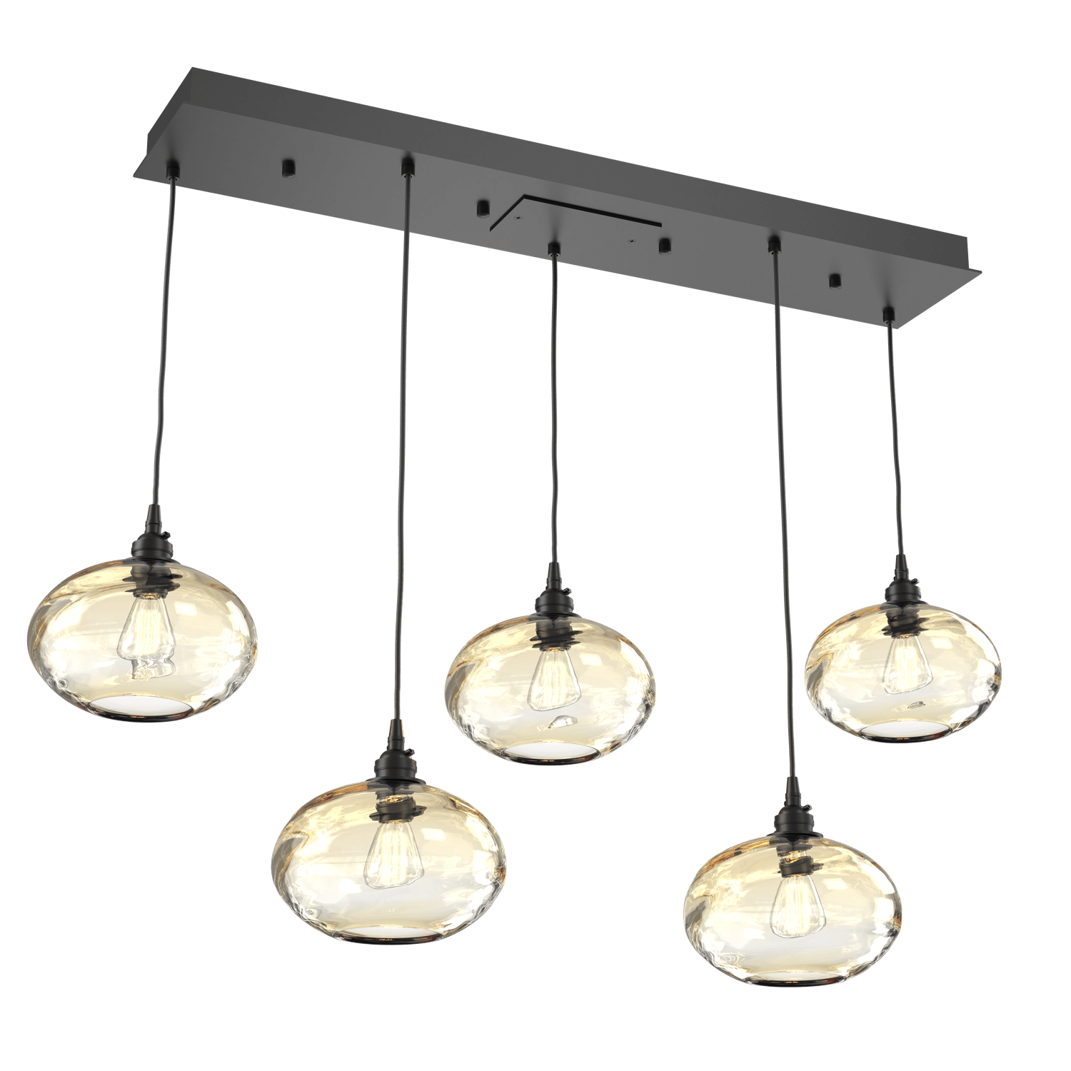 PLB0036-05-MB-OA-Hammerton-Studio-Optic-Blown-Glass-Coppa-5-light-linear-pendant-chandelier-with-matte-black-finish-and-optic-amber-blown-glass-shades-and-incandescent-lamping