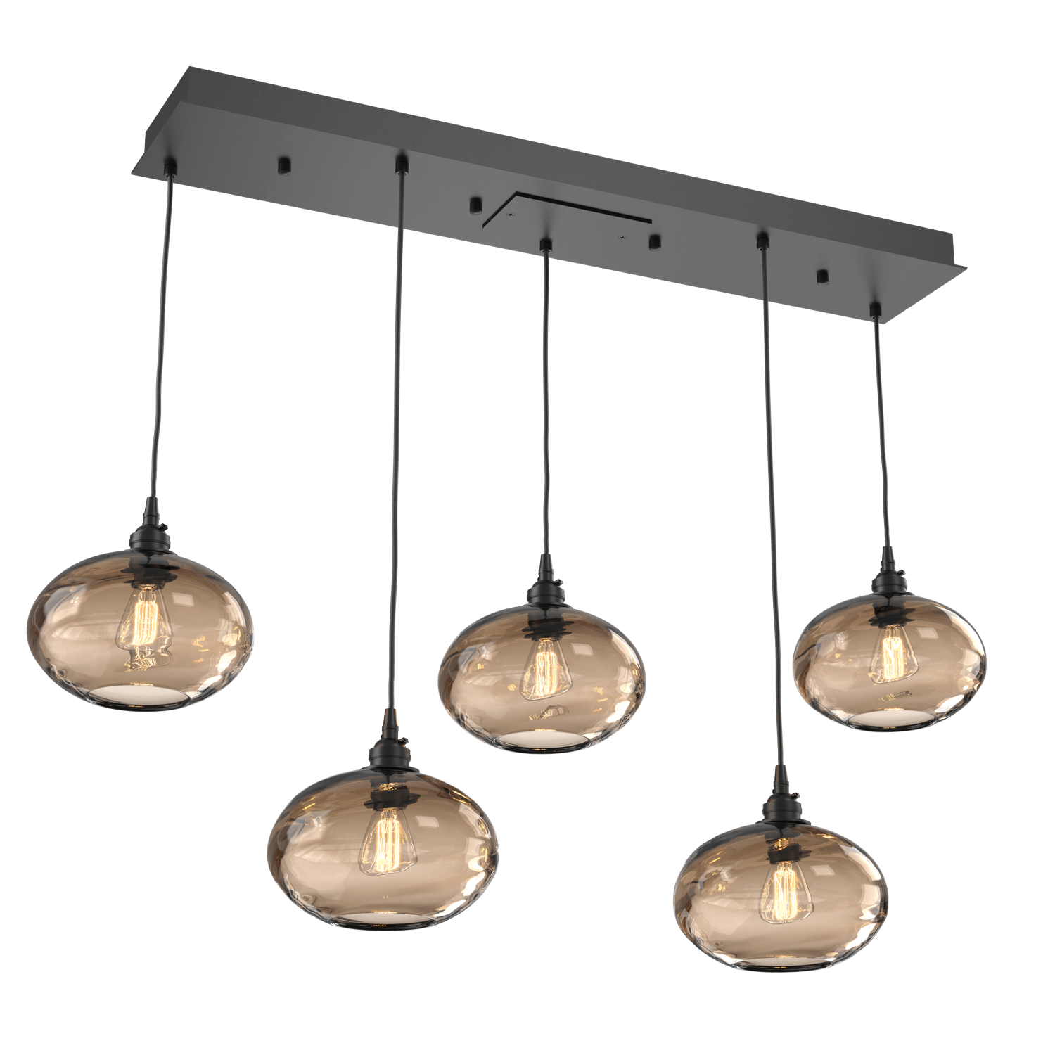 PLB0036-05-MB-OB-Hammerton-Studio-Optic-Blown-Glass-Coppa-5-light-linear-pendant-chandelier-with-matte-black-finish-and-optic-bronze-blown-glass-shades-and-incandescent-lamping
