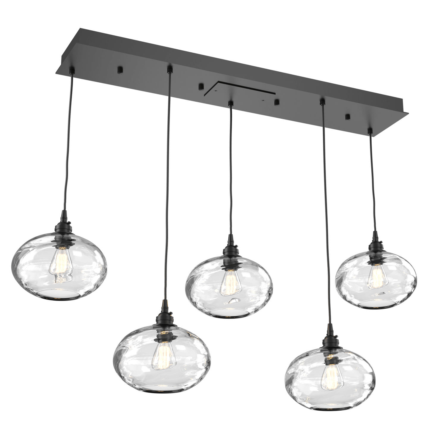 PLB0036-05-MB-OC-Hammerton-Studio-Optic-Blown-Glass-Coppa-5-light-linear-pendant-chandelier-with-matte-black-finish-and-optic-clear-blown-glass-shades-and-incandescent-lamping