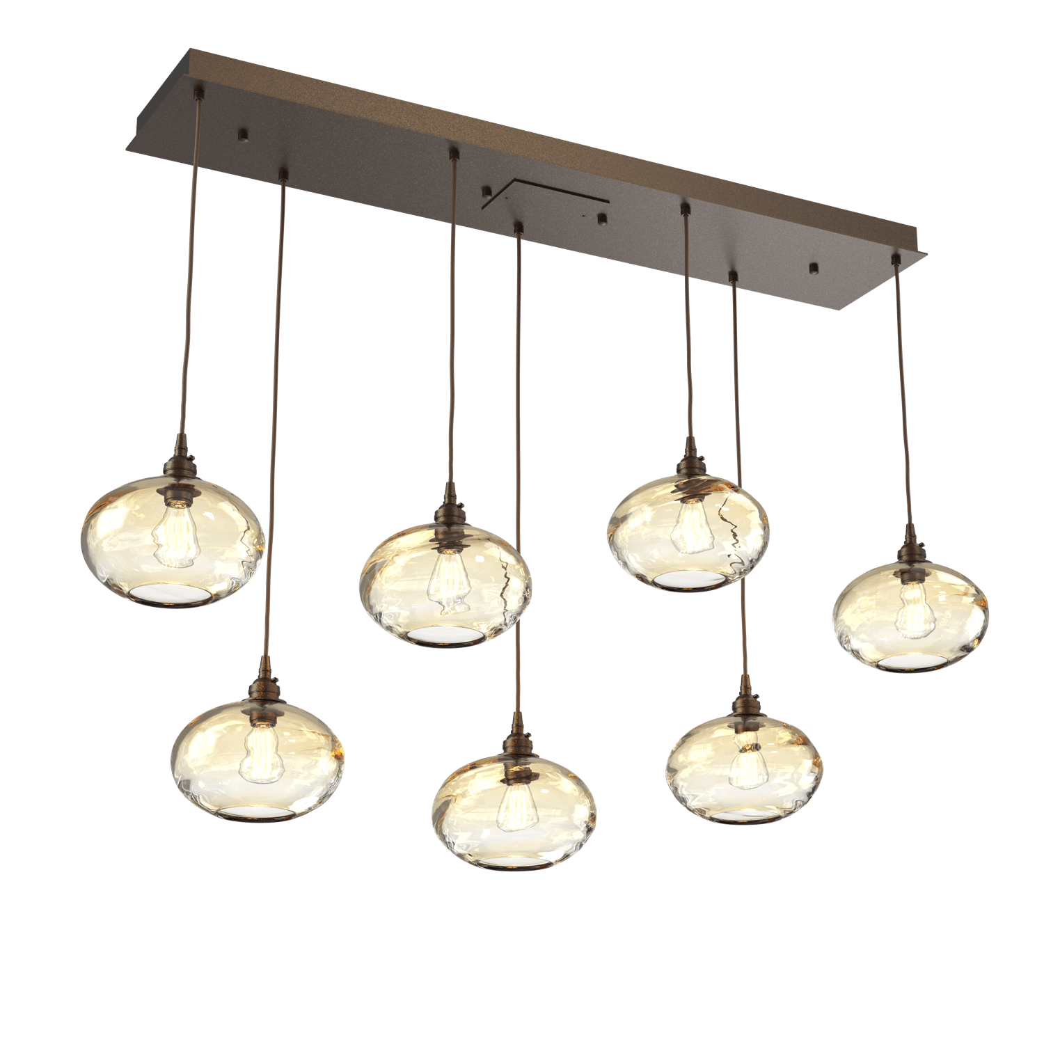 PLB0036-07-FB-OA-Hammerton-Studio-Optic-Blown-Glass-Coppa-7-light-linear-pendant-chandelier-with-flat-bronze-finish-and-optic-amber-blown-glass-shades-and-incandescent-lamping