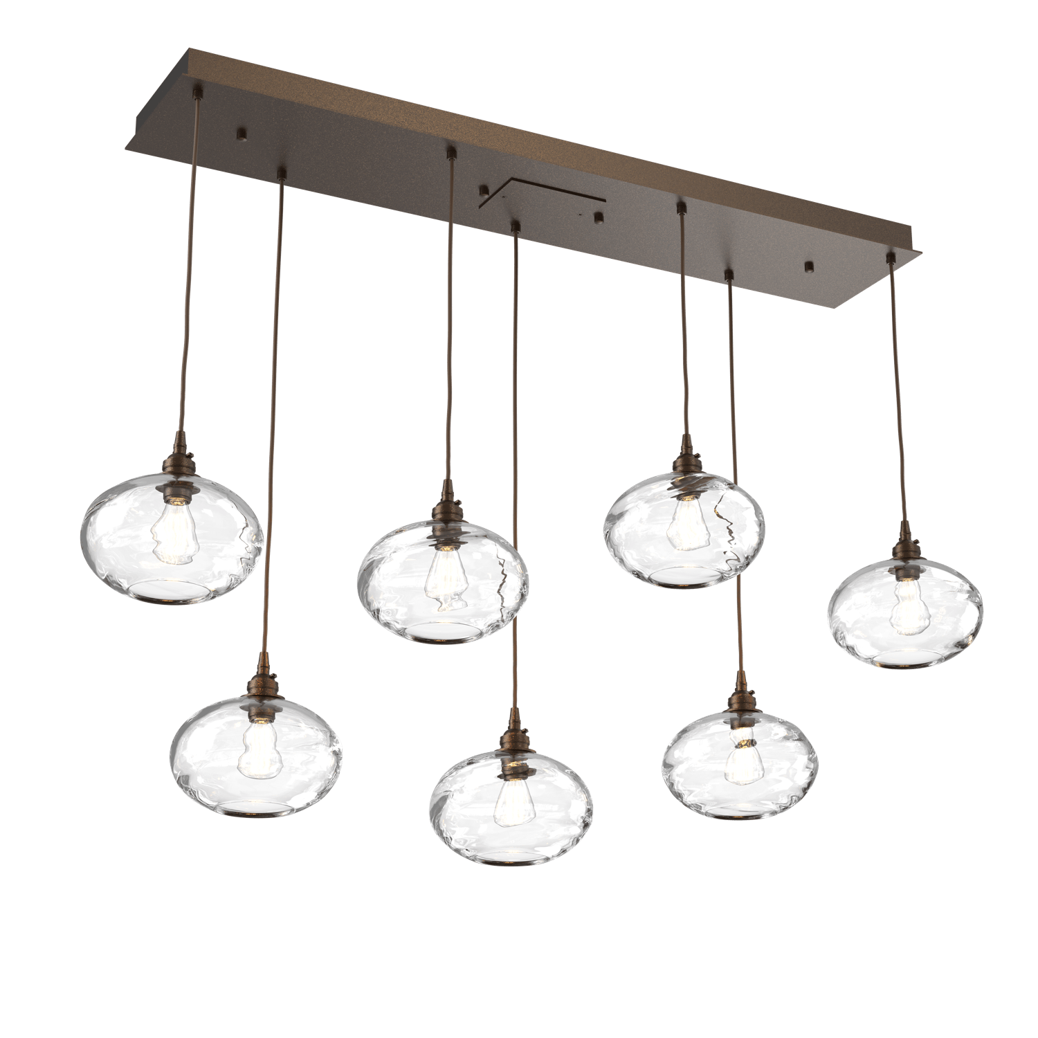 PLB0036-07-FB-OC-Hammerton-Studio-Optic-Blown-Glass-Coppa-7-light-linear-pendant-chandelier-with-flat-bronze-finish-and-optic-clear-blown-glass-shades-and-incandescent-lamping