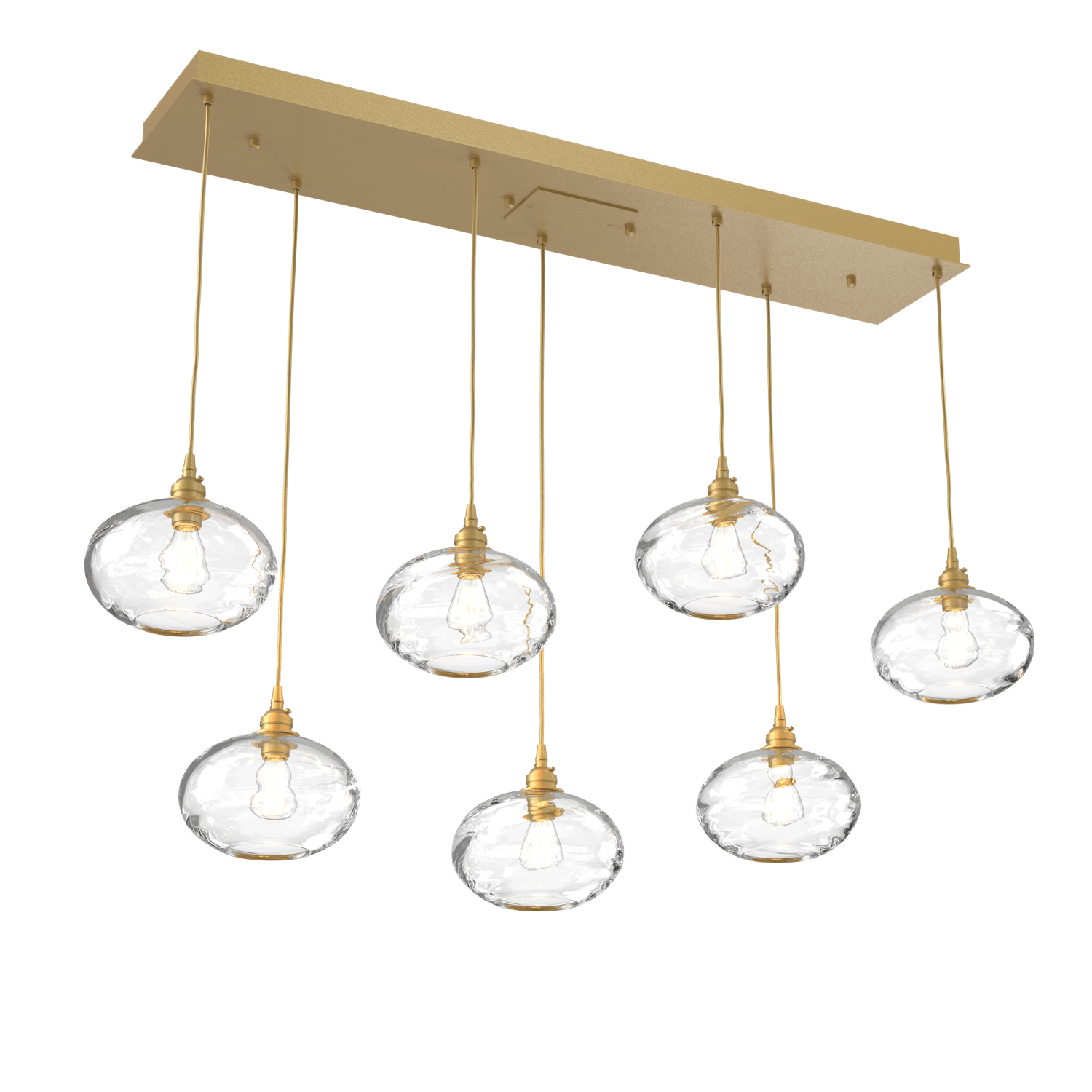 PLB0036-07-GB-OC-Hammerton-Studio-Optic-Blown-Glass-Coppa-7-light-linear-pendant-chandelier-with-gilded-brass-finish-and-optic-clear-blown-glass-shades-and-incandescent-lamping