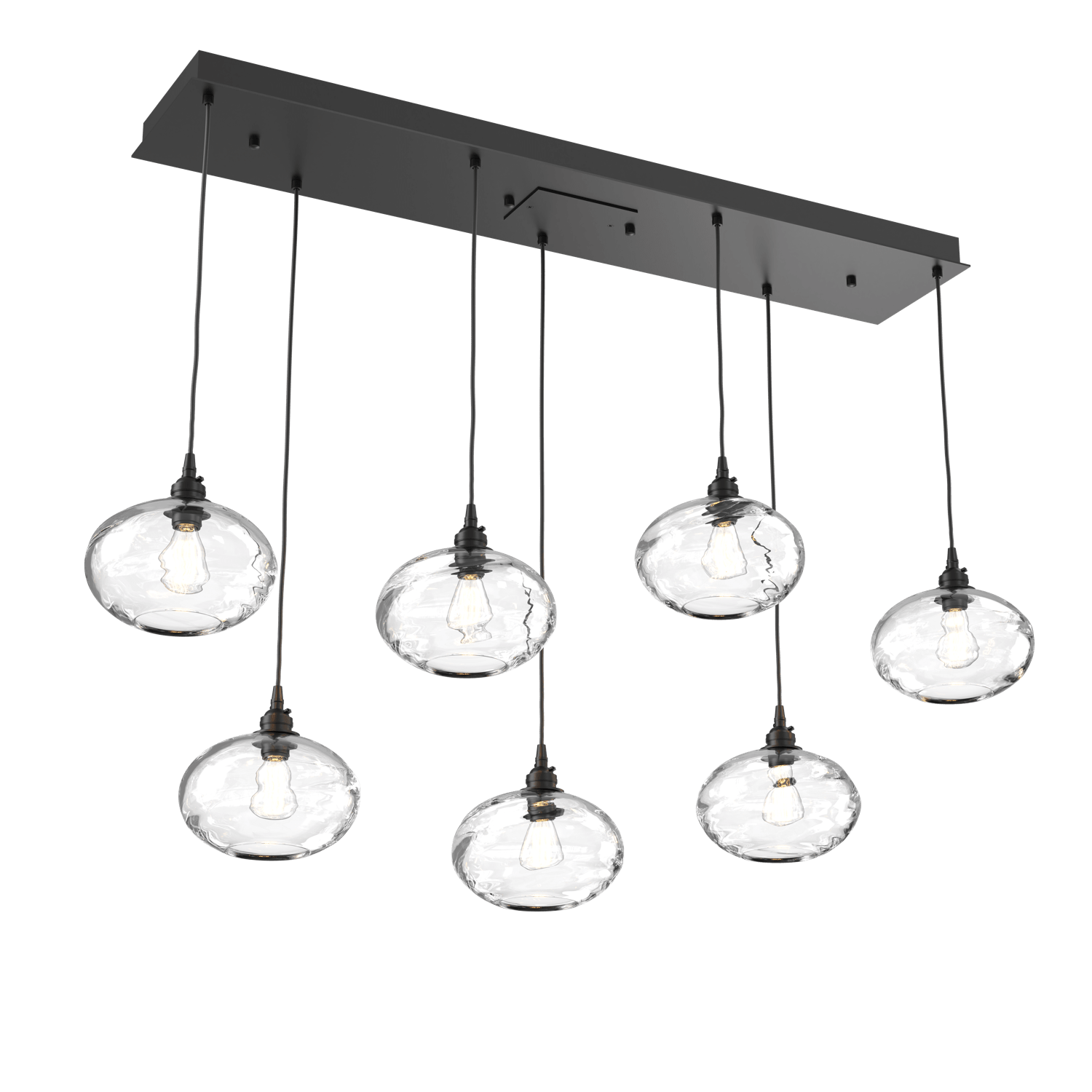 PLB0036-07-MB-OC-Hammerton-Studio-Optic-Blown-Glass-Coppa-7-light-linear-pendant-chandelier-with-matte-black-finish-and-optic-clear-blown-glass-shades-and-incandescent-lamping