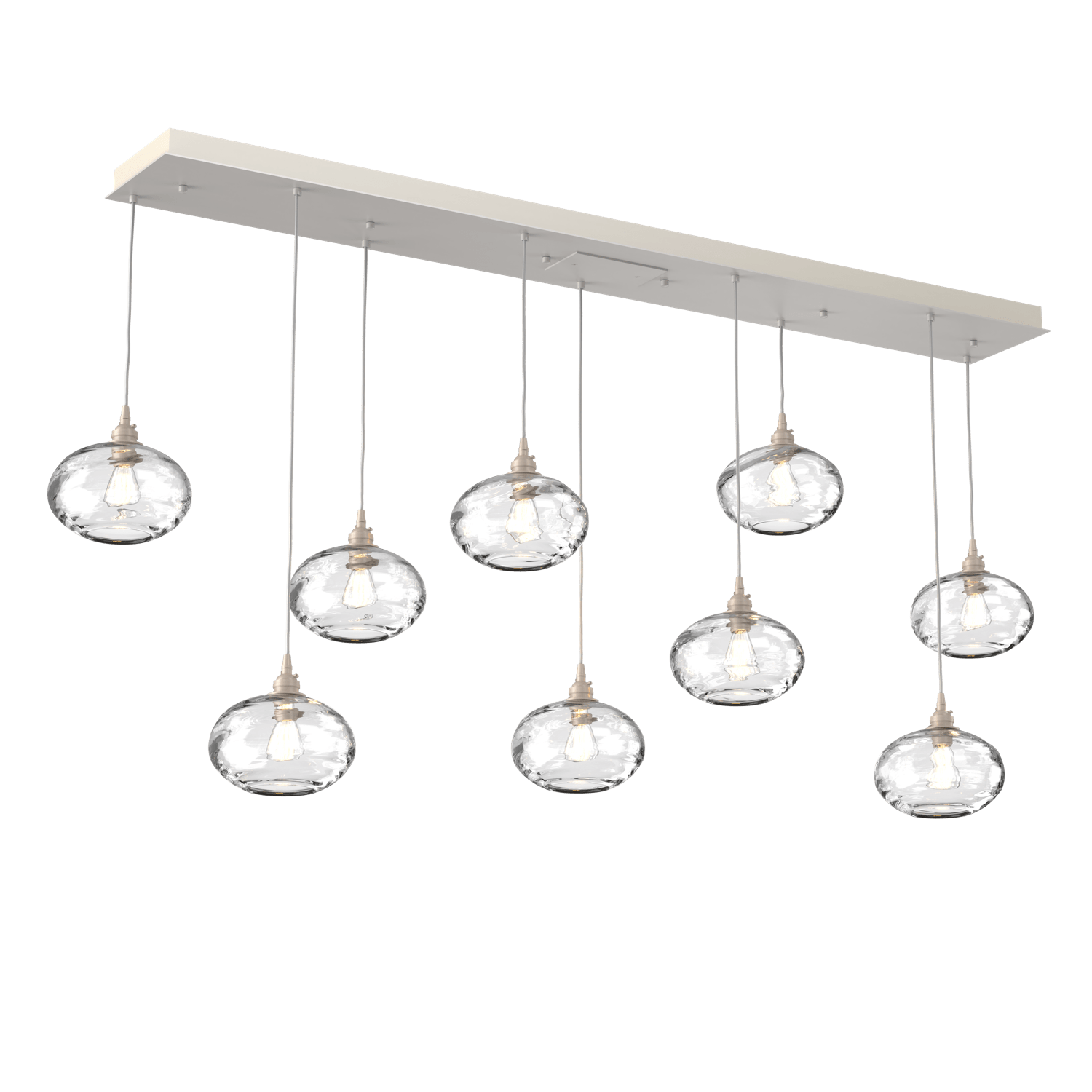 PLB0036-09-BS-OC-Hammerton-Studio-Optic-Blown-Glass-Coppa-9-light-linear-pendant-chandelier-with-metallic-beige-silver-finish-and-optic-clear-blown-glass-shades-and-incandescent-lamping