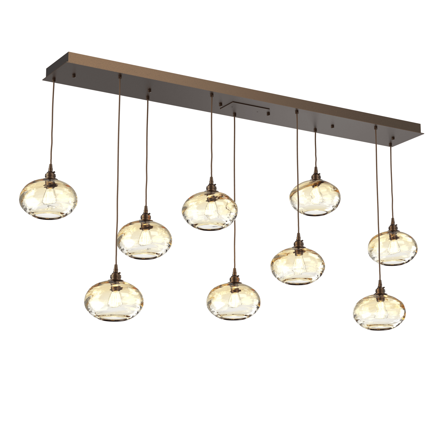 PLB0036-09-FB-OA-Hammerton-Studio-Optic-Blown-Glass-Coppa-9-light-linear-pendant-chandelier-with-flat-bronze-finish-and-optic-amber-blown-glass-shades-and-incandescent-lamping