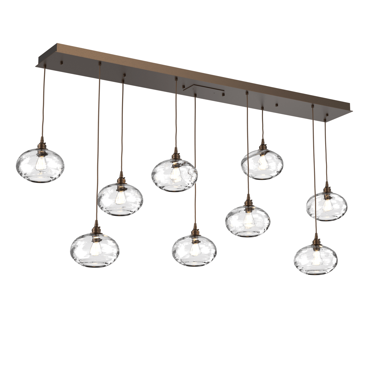 PLB0036-09-FB-OC-Hammerton-Studio-Optic-Blown-Glass-Coppa-9-light-linear-pendant-chandelier-with-flat-bronze-finish-and-optic-clear-blown-glass-shades-and-incandescent-lamping