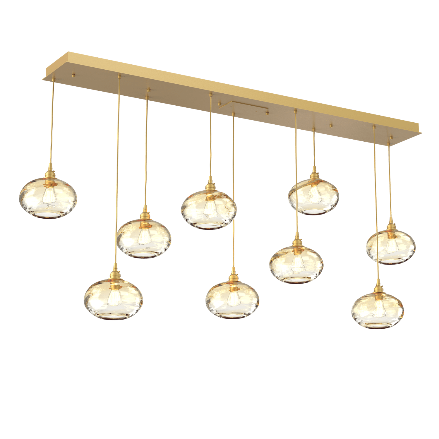 PLB0036-09-GB-OA-Hammerton-Studio-Optic-Blown-Glass-Coppa-9-light-linear-pendant-chandelier-with-gilded-brass-finish-and-optic-amber-blown-glass-shades-and-incandescent-lamping