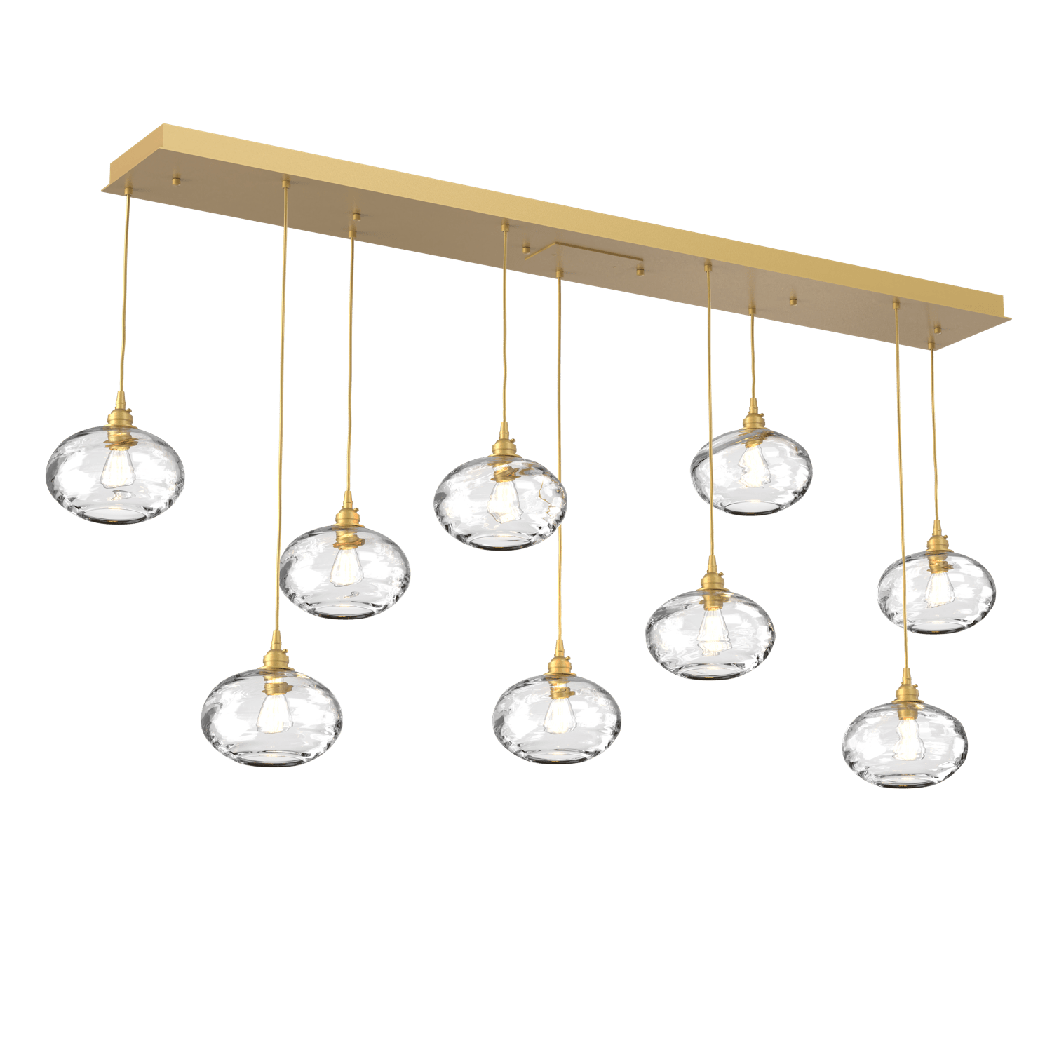 PLB0036-09-GB-OC-Hammerton-Studio-Optic-Blown-Glass-Coppa-9-light-linear-pendant-chandelier-with-gilded-brass-finish-and-optic-clear-blown-glass-shades-and-incandescent-lamping