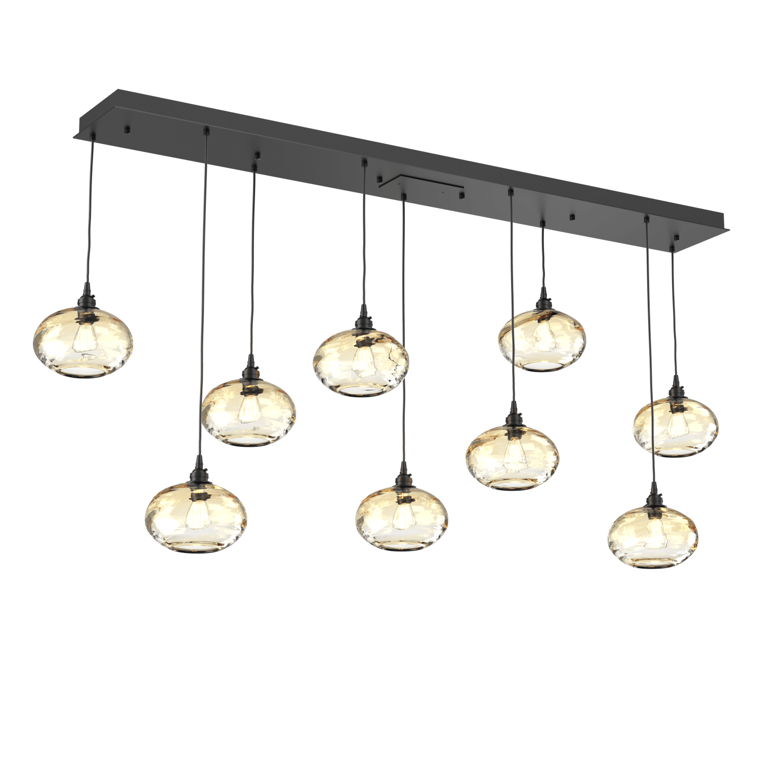 PLB0036-09-MB-OA-Hammerton-Studio-Optic-Blown-Glass-Coppa-9-light-linear-pendant-chandelier-with-matte-black-finish-and-optic-amber-blown-glass-shades-and-incandescent-lamping