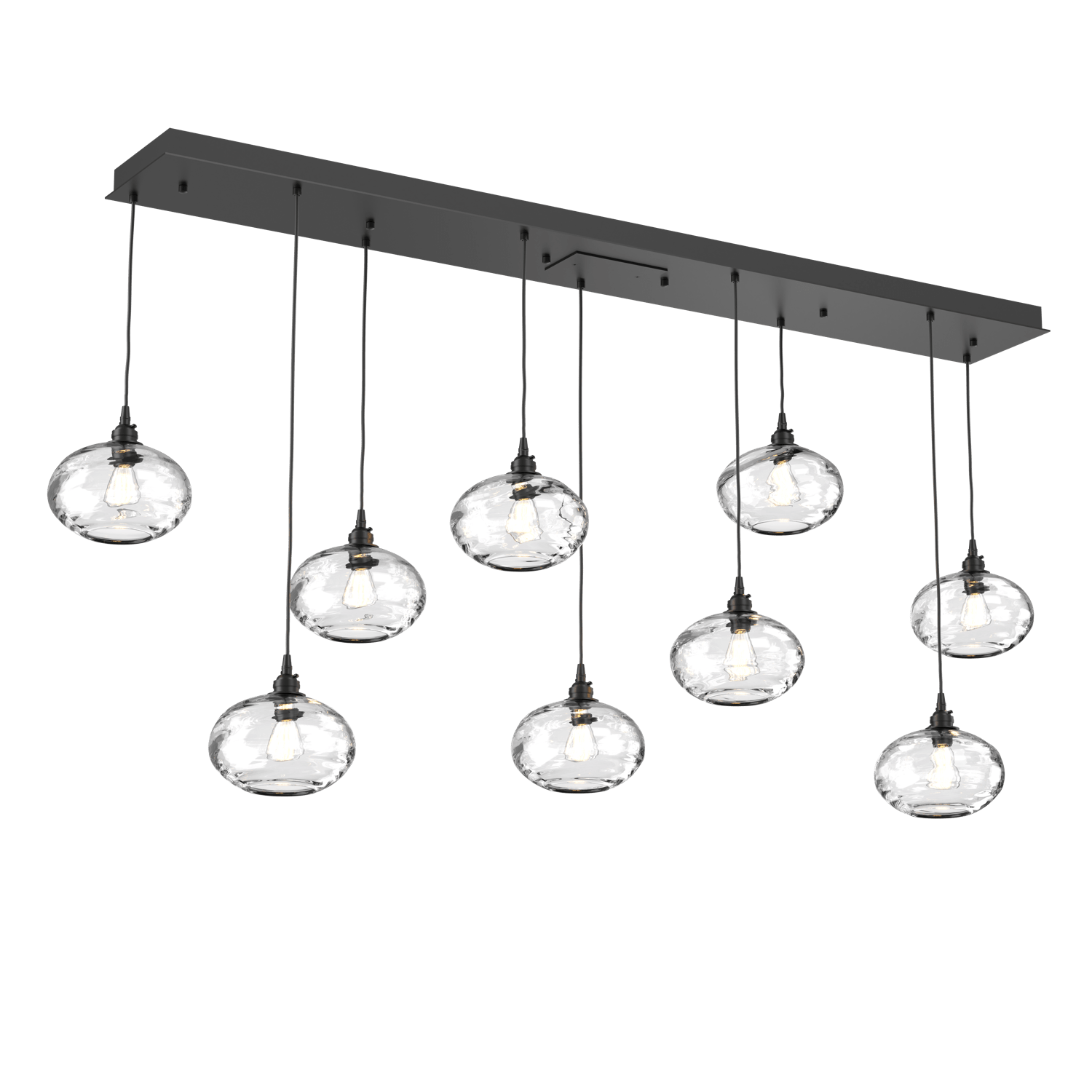 PLB0036-09-MB-OC-Hammerton-Studio-Optic-Blown-Glass-Coppa-9-light-linear-pendant-chandelier-with-matte-black-finish-and-optic-clear-blown-glass-shades-and-incandescent-lamping