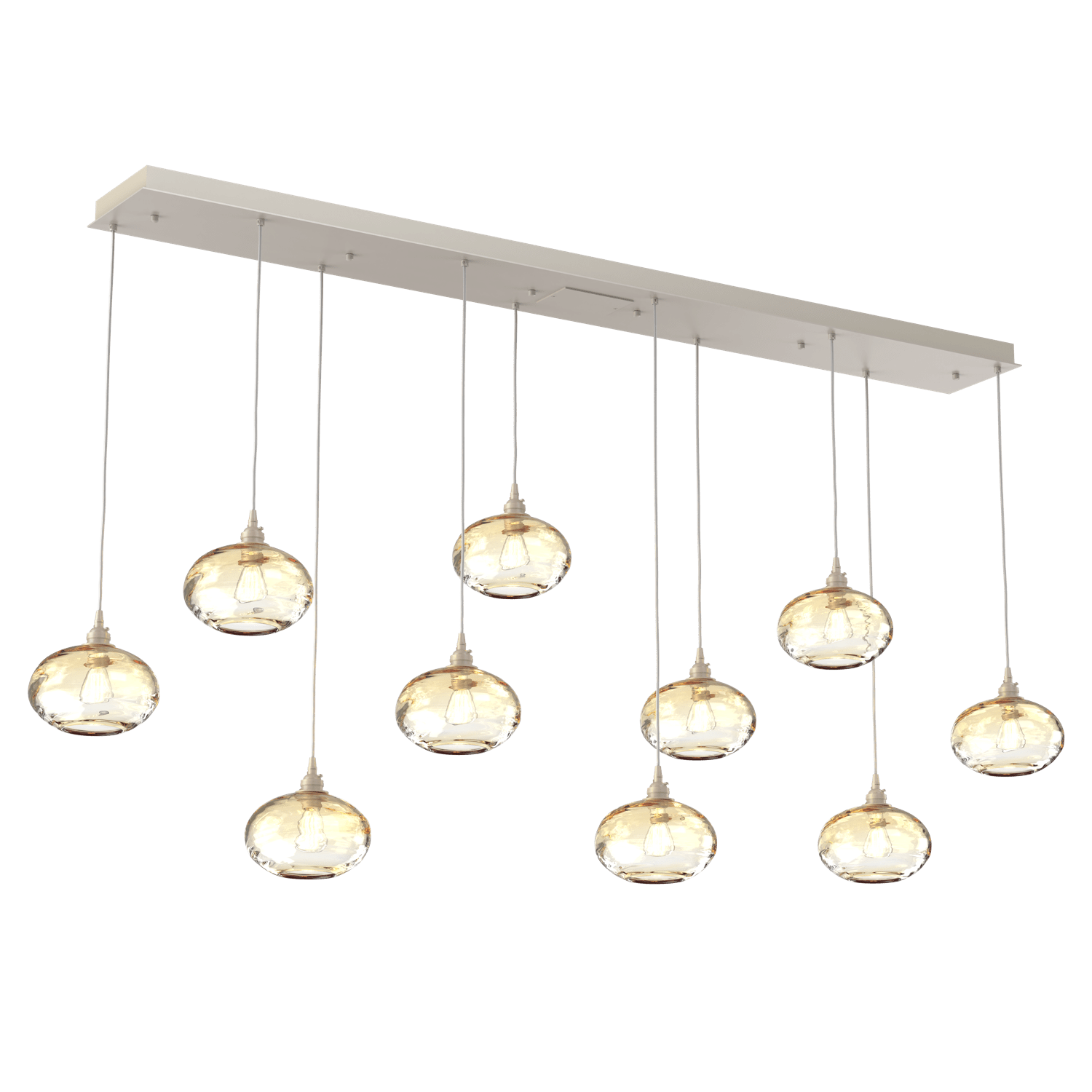 PLB0036-10-BS-OA-Hammerton-Studio-Optic-Blown-Glass-Coppa-10-light-linear-pendant-chandelier-with-metallic-beige-silver-finish-and-optic-amber-blown-glass-shades-and-incandescent-lamping
