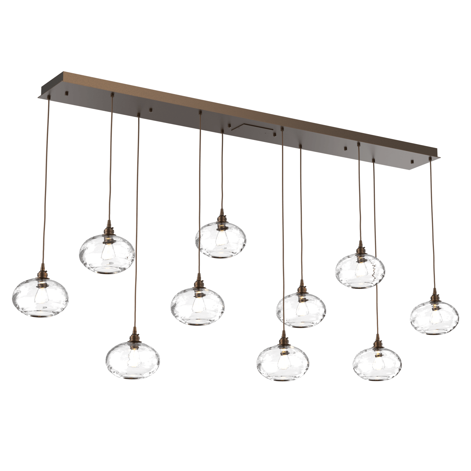 PLB0036-10-FB-OC-Hammerton-Studio-Optic-Blown-Glass-Coppa-10-light-linear-pendant-chandelier-with-flat-bronze-finish-and-optic-clear-blown-glass-shades-and-incandescent-lamping