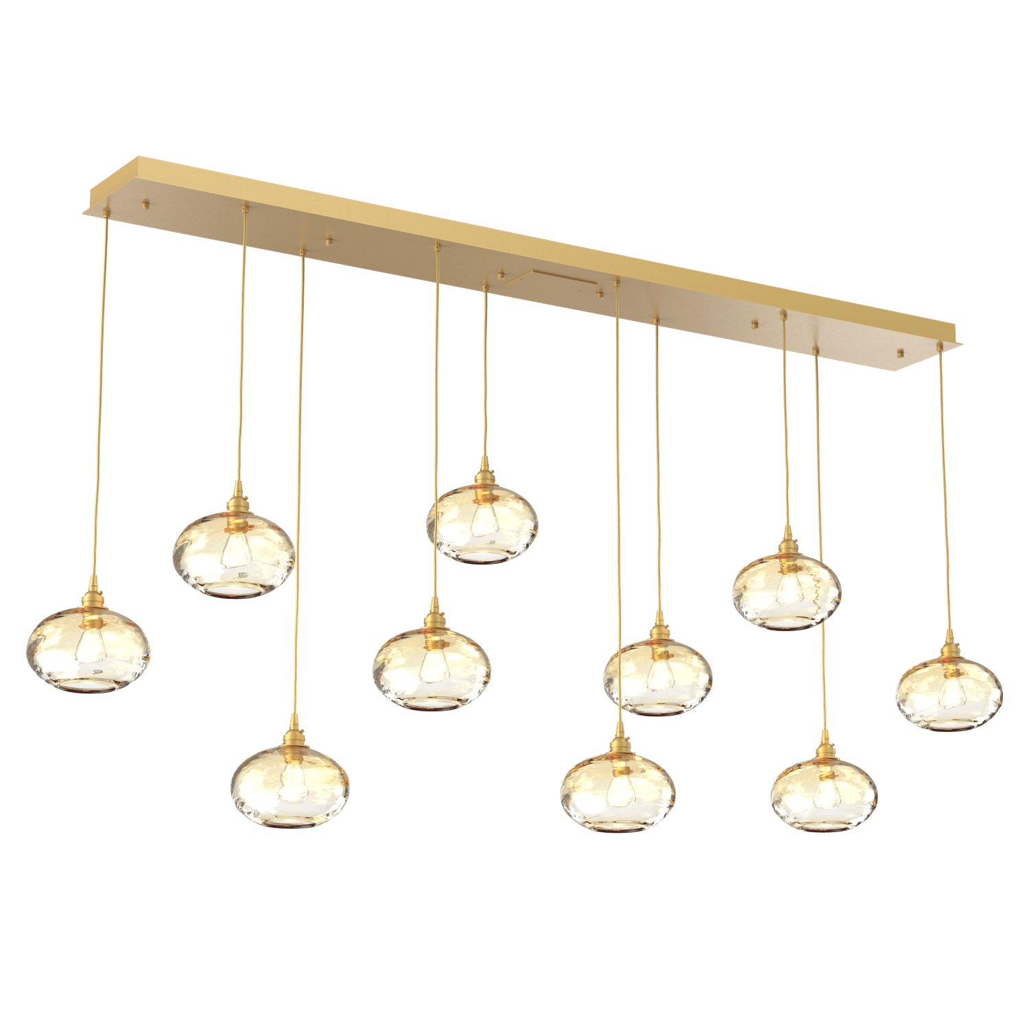 PLB0036-10-GB-OA-Hammerton-Studio-Optic-Blown-Glass-Coppa-10-light-linear-pendant-chandelier-with-gilded-brass-finish-and-optic-amber-blown-glass-shades-and-incandescent-lamping