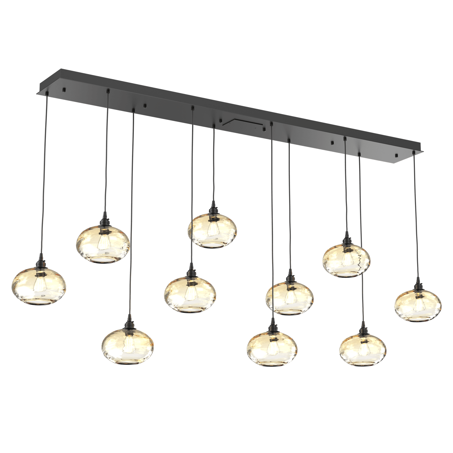 PLB0036-10-MB-OA-Hammerton-Studio-Optic-Blown-Glass-Coppa-10-light-linear-pendant-chandelier-with-matte-black-finish-and-optic-amber-blown-glass-shades-and-incandescent-lamping