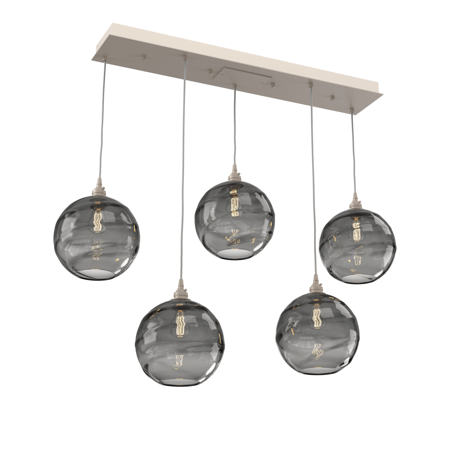 PLB0047-05-BS-OS-Hammerton-Studio-Optic-Blown-Glass-Terra-5-light-linear-pendant-chandelier-with-metallic-beige-silver-finish-and-optic-smoke-blown-glass-shades-and-incandescent-lamping