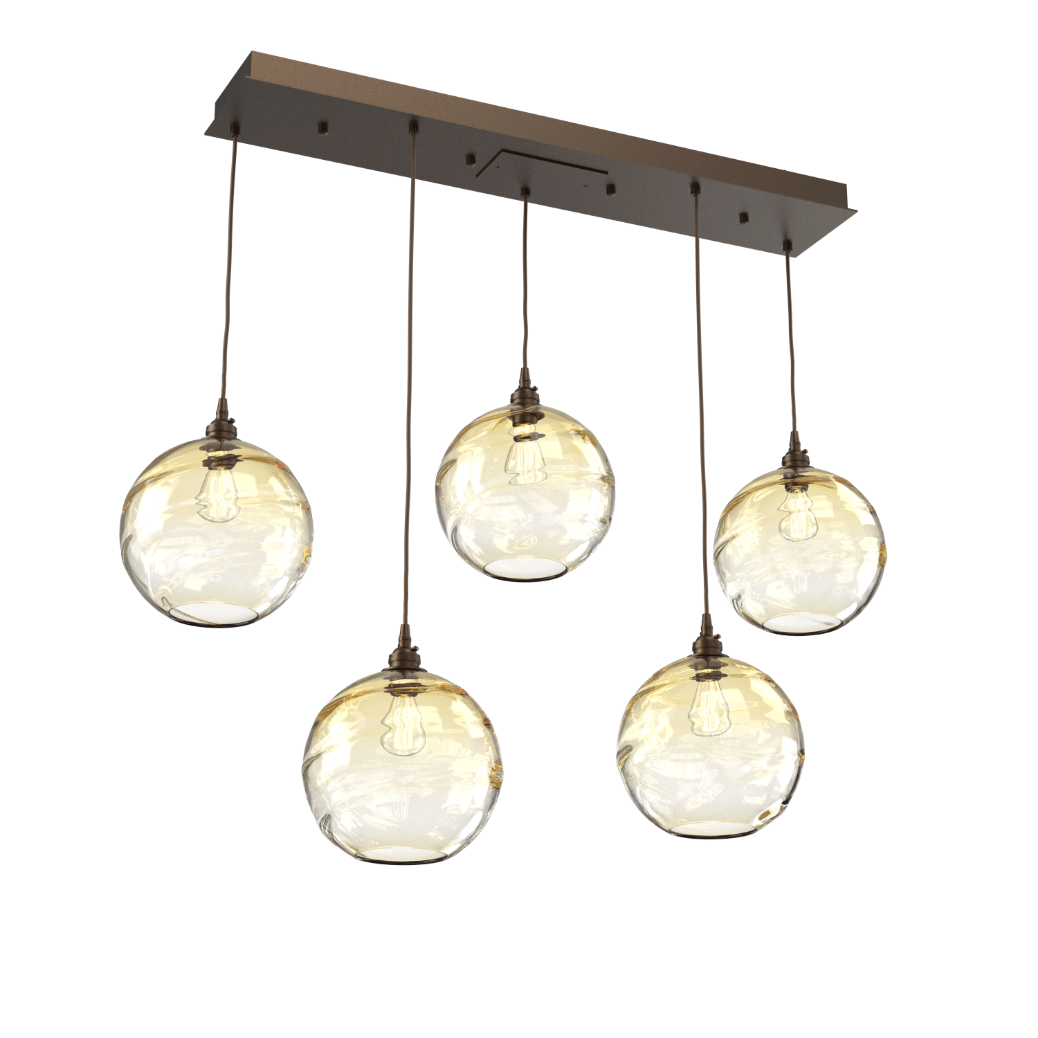PLB0047-05-FB-OA-Hammerton-Studio-Optic-Blown-Glass-Terra-5-light-linear-pendant-chandelier-with-flat-bronze-finish-and-optic-amber-blown-glass-shades-and-incandescent-lamping