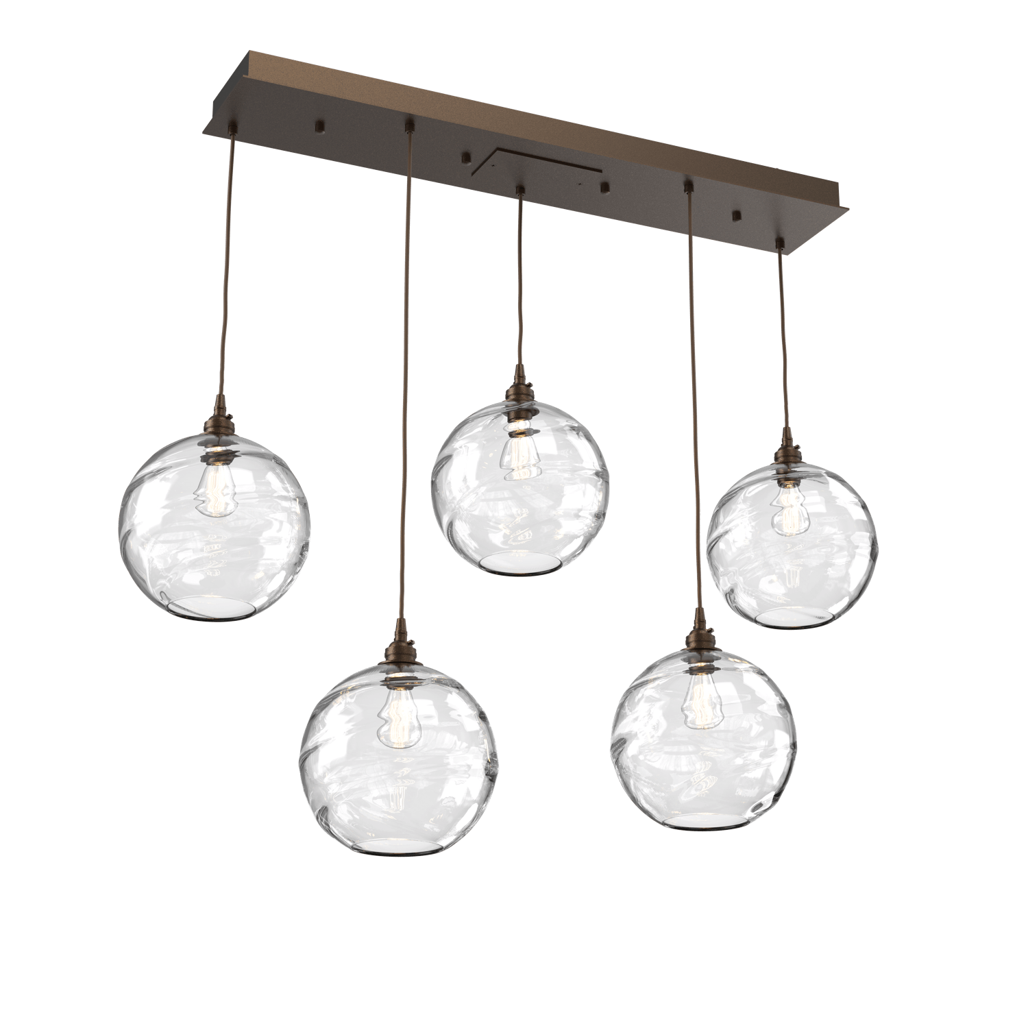 PLB0047-05-FB-OC-Hammerton-Studio-Optic-Blown-Glass-Terra-5-light-linear-pendant-chandelier-with-flat-bronze-finish-and-optic-clear-blown-glass-shades-and-incandescent-lamping