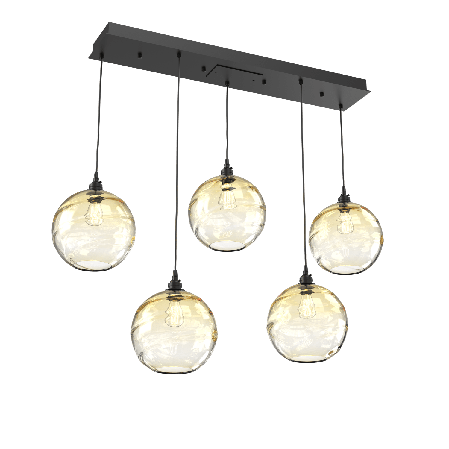 PLB0047-05-MB-OA-Hammerton-Studio-Optic-Blown-Glass-Terra-5-light-linear-pendant-chandelier-with-matte-black-finish-and-optic-amber-blown-glass-shades-and-incandescent-lamping