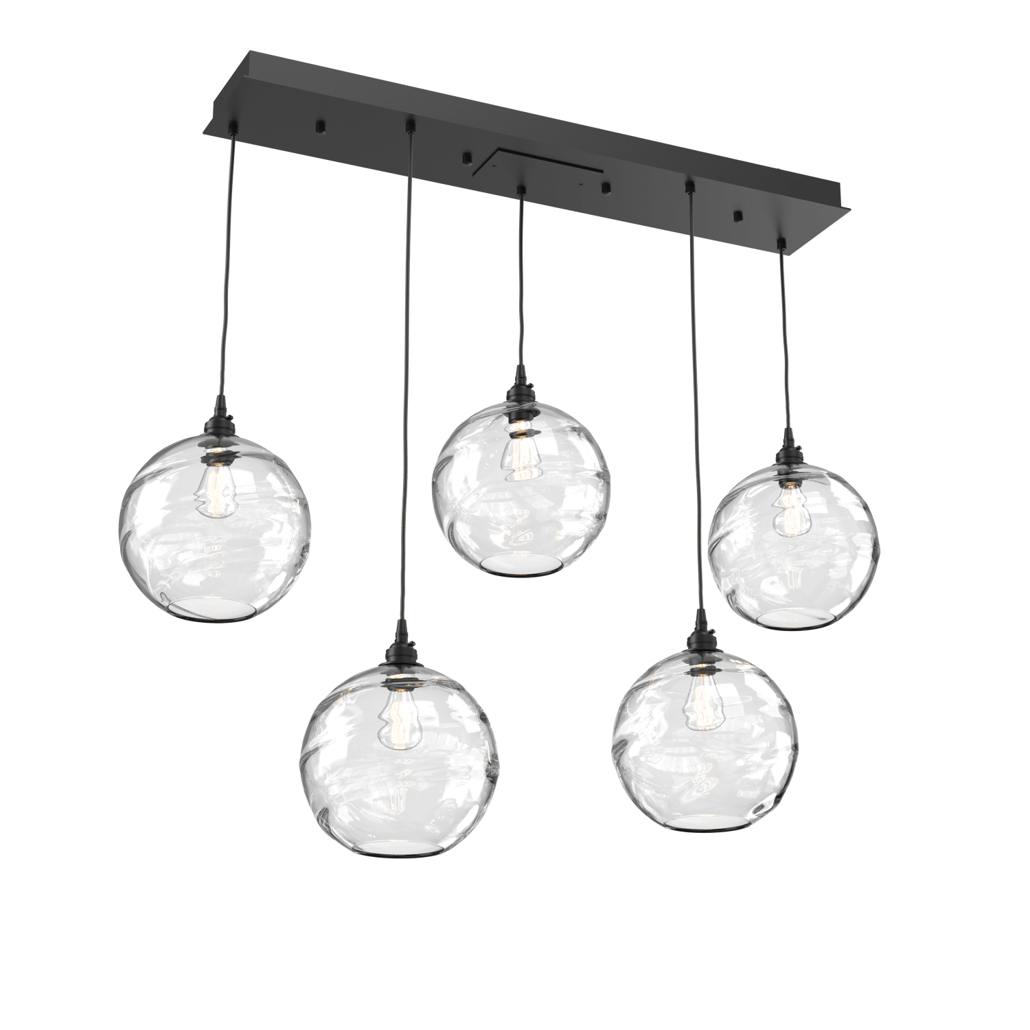 PLB0047-05-MB-OC-Hammerton-Studio-Optic-Blown-Glass-Terra-5-light-linear-pendant-chandelier-with-matte-black-finish-and-optic-clear-blown-glass-shades-and-incandescent-lamping
