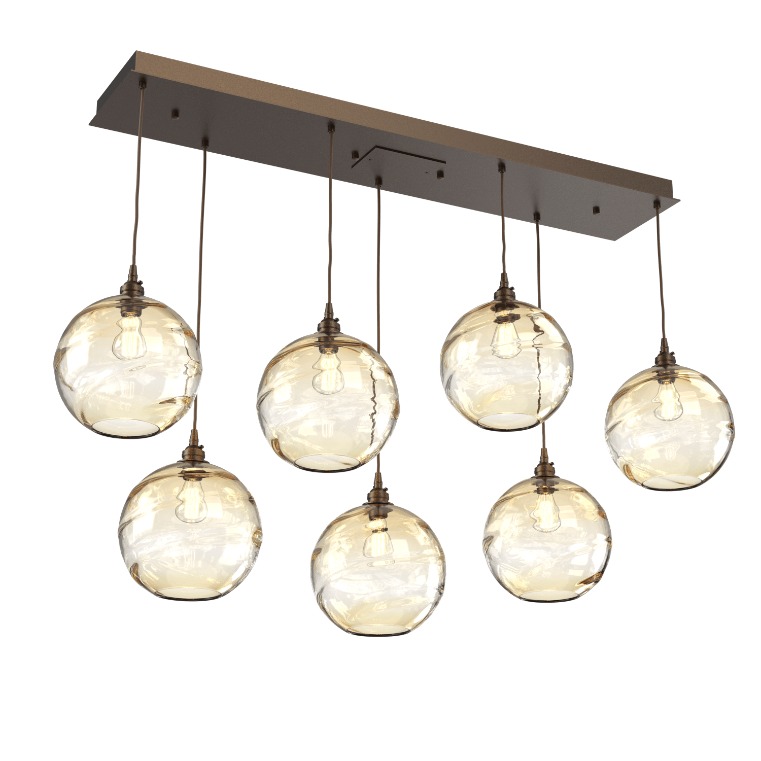 PLB0047-07-FB-OA-Hammerton-Studio-Optic-Blown-Glass-Terra-7-light-linear-pendant-chandelier-with-flat-bronze-finish-and-optic-amber-blown-glass-shades-and-incandescent-lamping