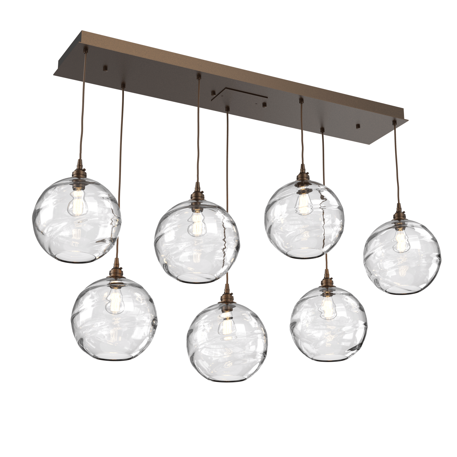 PLB0047-07-FB-OC-Hammerton-Studio-Optic-Blown-Glass-Terra-7-light-linear-pendant-chandelier-with-flat-bronze-finish-and-optic-clear-blown-glass-shades-and-incandescent-lamping
