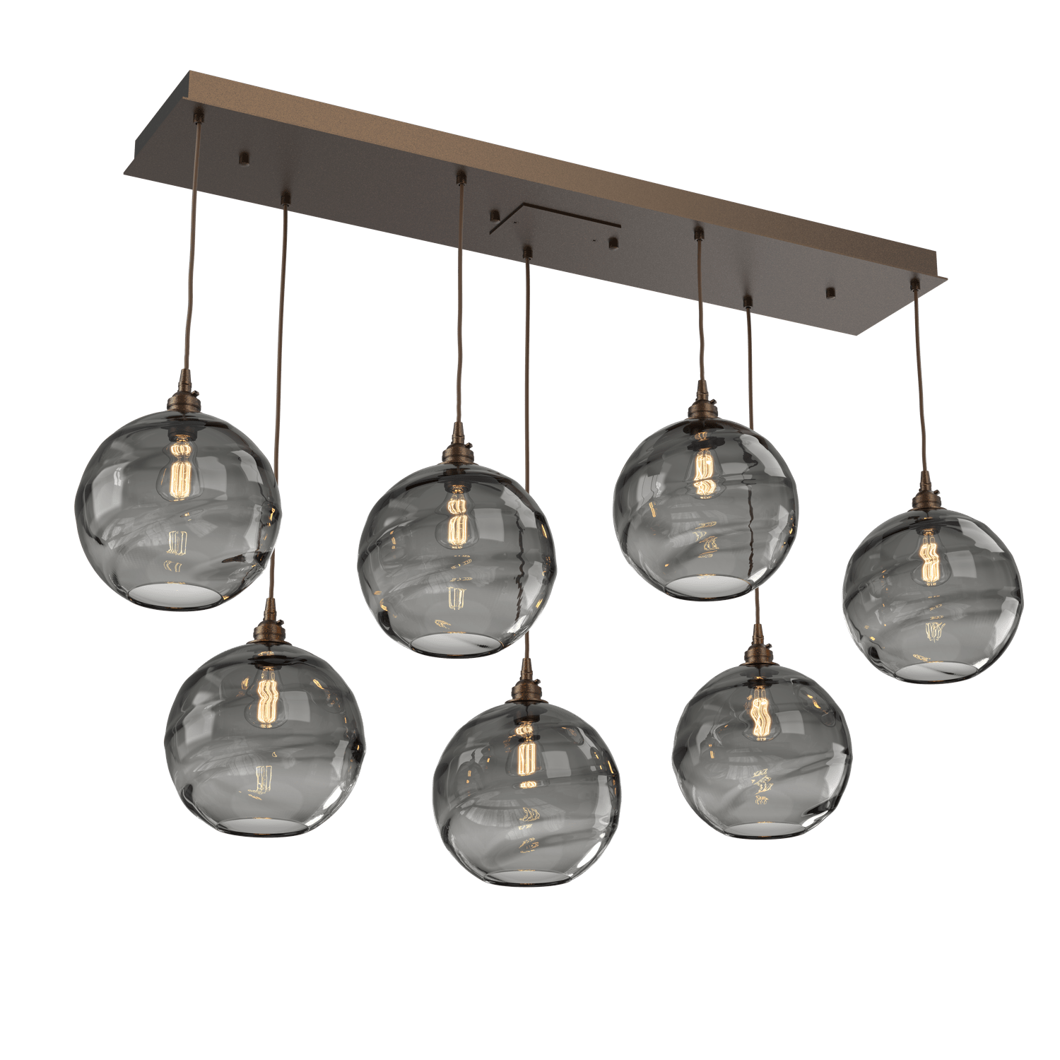 PLB0047-07-FB-OS-Hammerton-Studio-Optic-Blown-Glass-Terra-7-light-linear-pendant-chandelier-with-flat-bronze-finish-and-optic-smoke-blown-glass-shades-and-incandescent-lamping