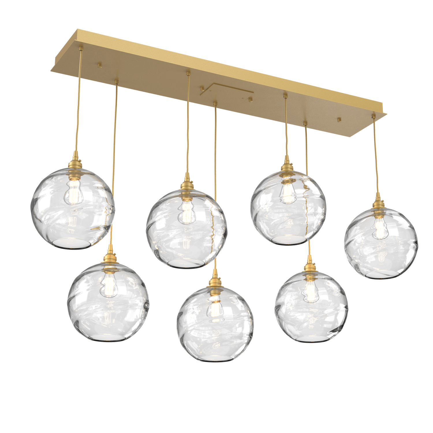 PLB0047-07-GB-OC-Hammerton-Studio-Optic-Blown-Glass-Terra-7-light-linear-pendant-chandelier-with-gilded-brass-finish-and-optic-clear-blown-glass-shades-and-incandescent-lamping