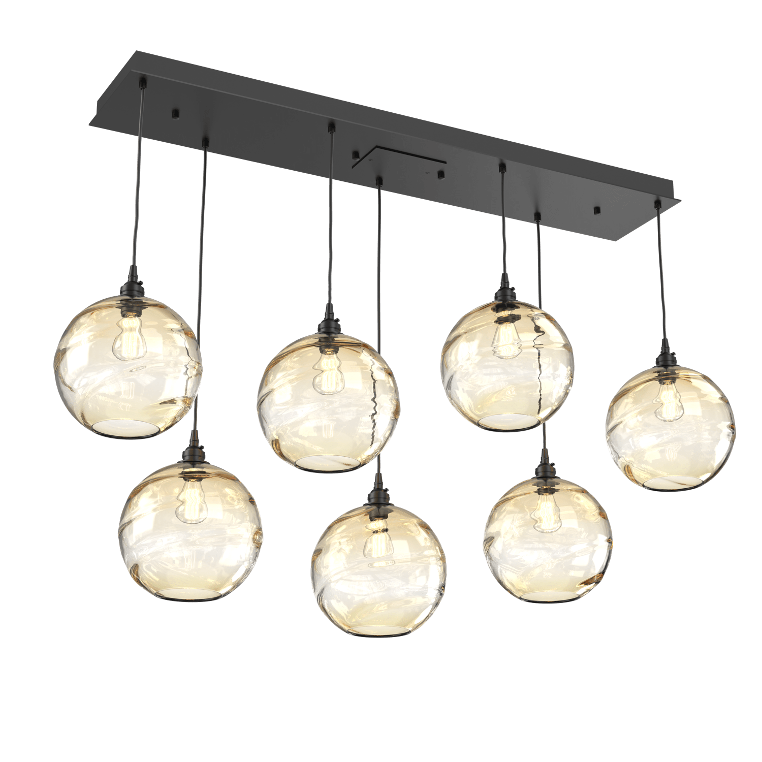 PLB0047-07-MB-OA-Hammerton-Studio-Optic-Blown-Glass-Terra-7-light-linear-pendant-chandelier-with-matte-black-finish-and-optic-amber-blown-glass-shades-and-incandescent-lamping
