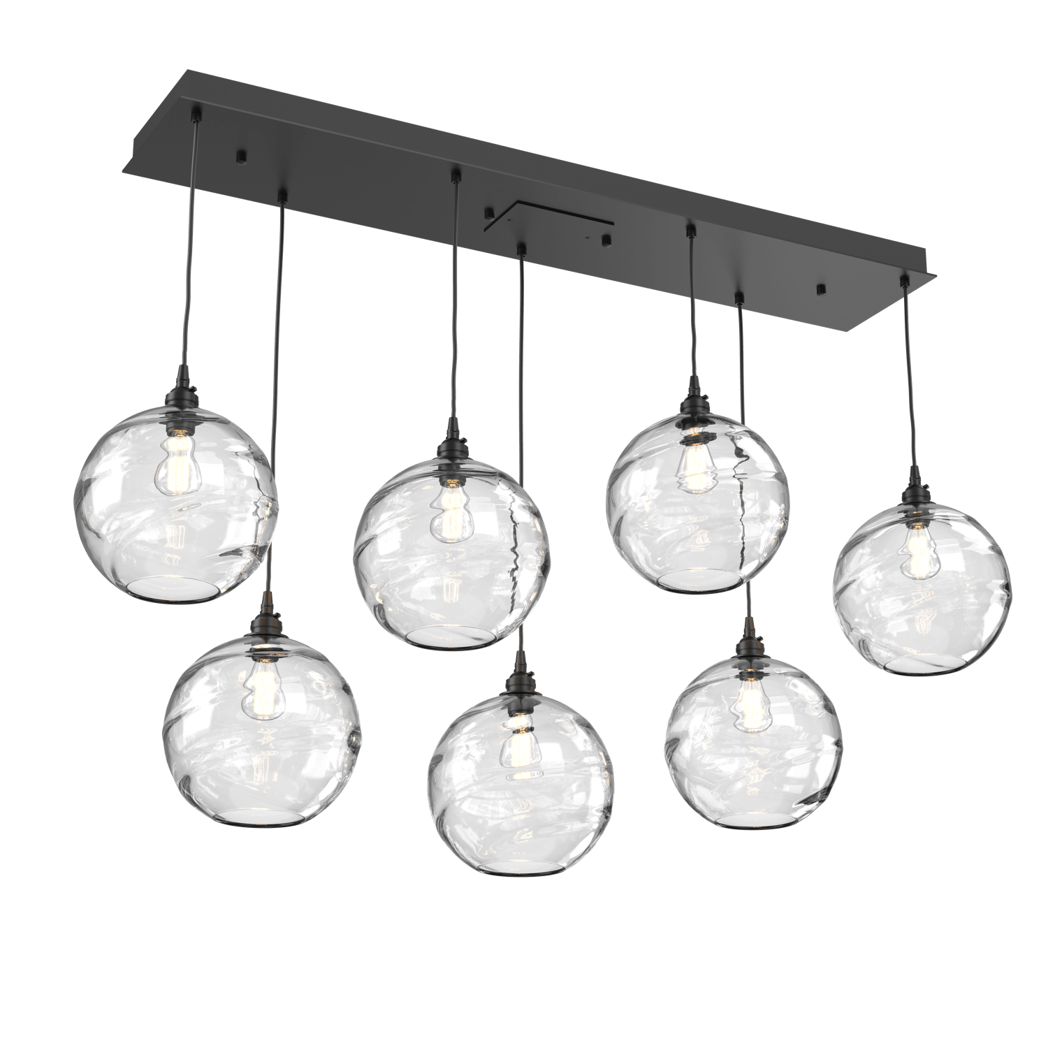 PLB0047-07-MB-OC-Hammerton-Studio-Optic-Blown-Glass-Terra-7-light-linear-pendant-chandelier-with-matte-black-finish-and-optic-clear-blown-glass-shades-and-incandescent-lamping