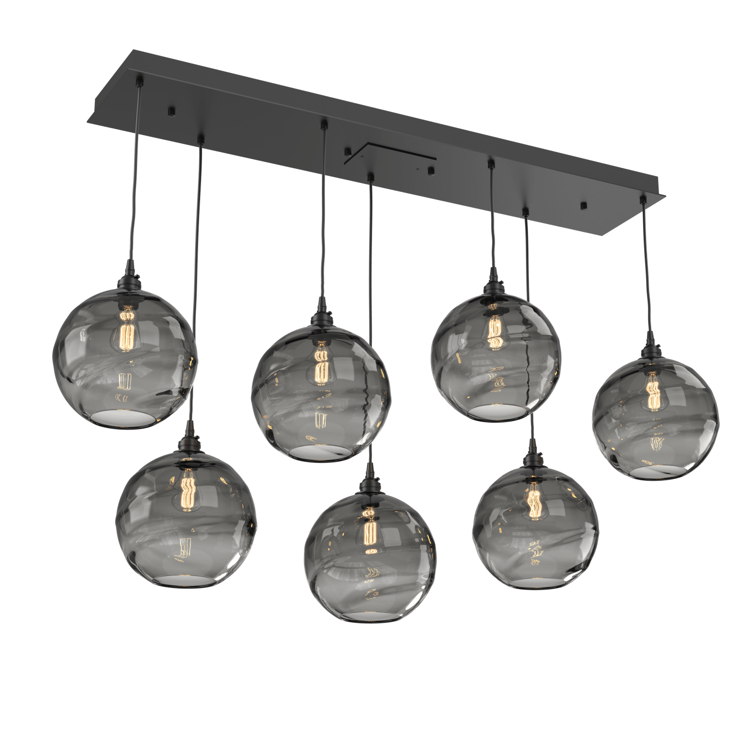 PLB0047-07-MB-OS-Hammerton-Studio-Optic-Blown-Glass-Terra-7-light-linear-pendant-chandelier-with-matte-black-finish-and-optic-smoke-blown-glass-shades-and-incandescent-lamping