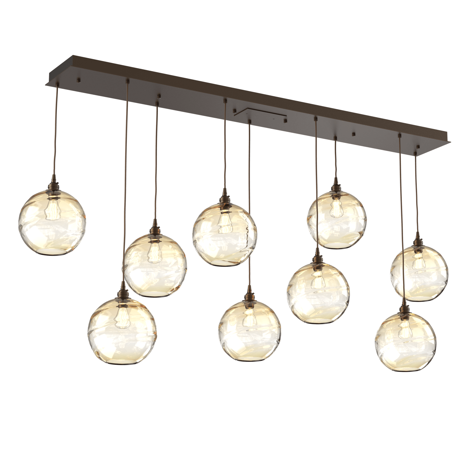 PLB0047-09-FB-OA-Hammerton-Studio-Optic-Blown-Glass-Terra-9-light-linear-pendant-chandelier-with-flat-bronze-finish-and-optic-amber-blown-glass-shades-and-incandescent-lamping