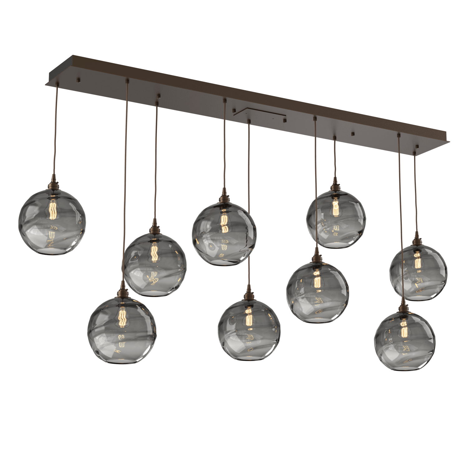 PLB0047-09-FB-OS-Hammerton-Studio-Optic-Blown-Glass-Terra-9-light-linear-pendant-chandelier-with-flat-bronze-finish-and-optic-smoke-blown-glass-shades-and-incandescent-lamping