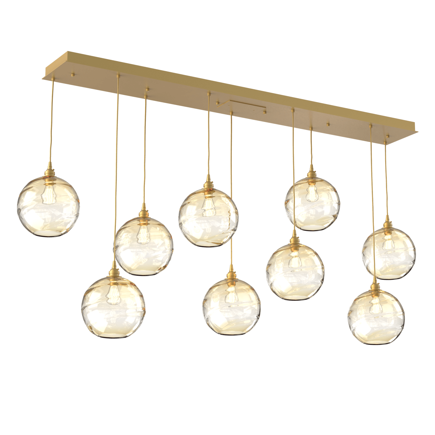 PLB0047-09-GB-OA-Hammerton-Studio-Optic-Blown-Glass-Terra-9-light-linear-pendant-chandelier-with-gilded-brass-finish-and-optic-amber-blown-glass-shades-and-incandescent-lamping