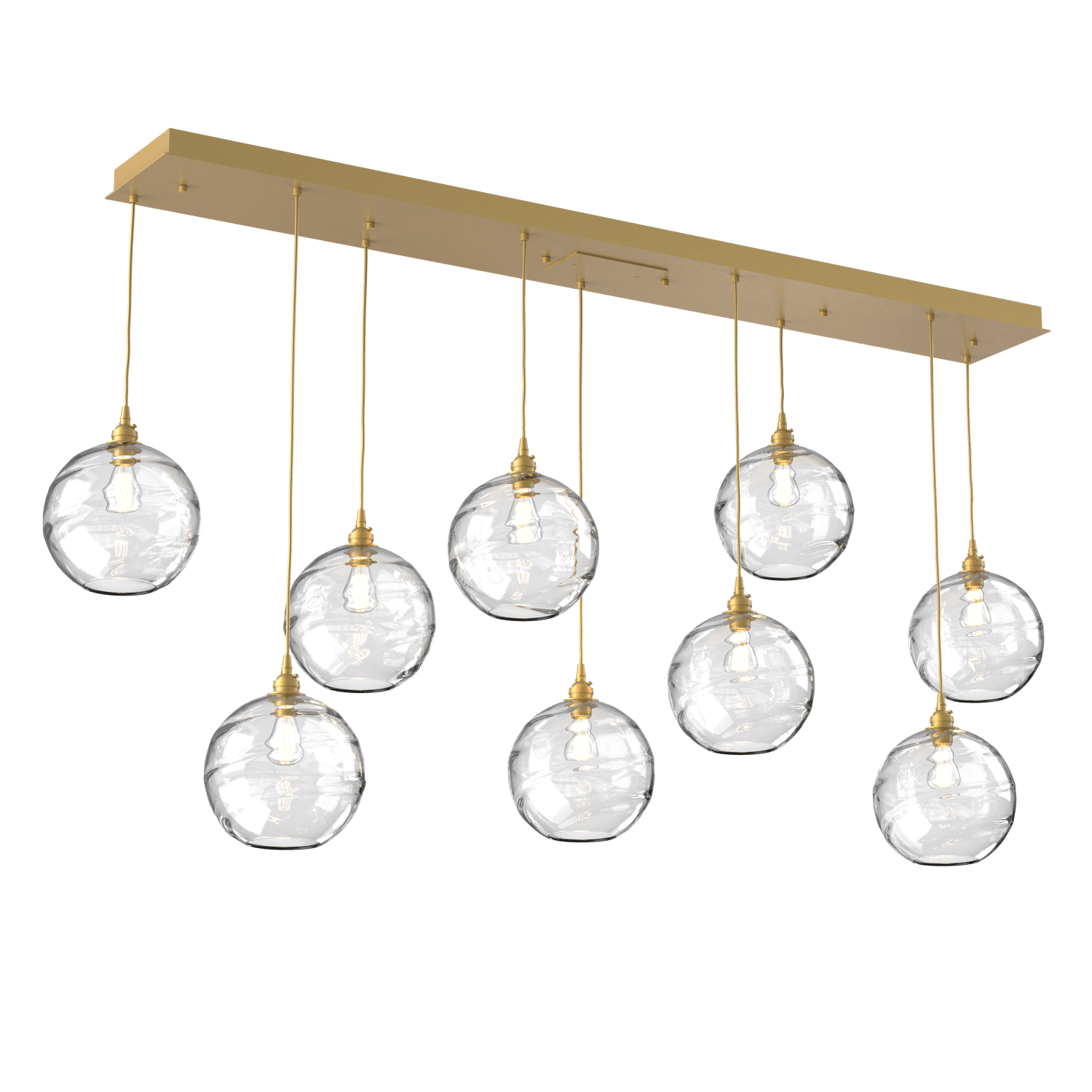 PLB0047-09-GB-OC-Hammerton-Studio-Optic-Blown-Glass-Terra-9-light-linear-pendant-chandelier-with-gilded-brass-finish-and-optic-clear-blown-glass-shades-and-incandescent-lamping