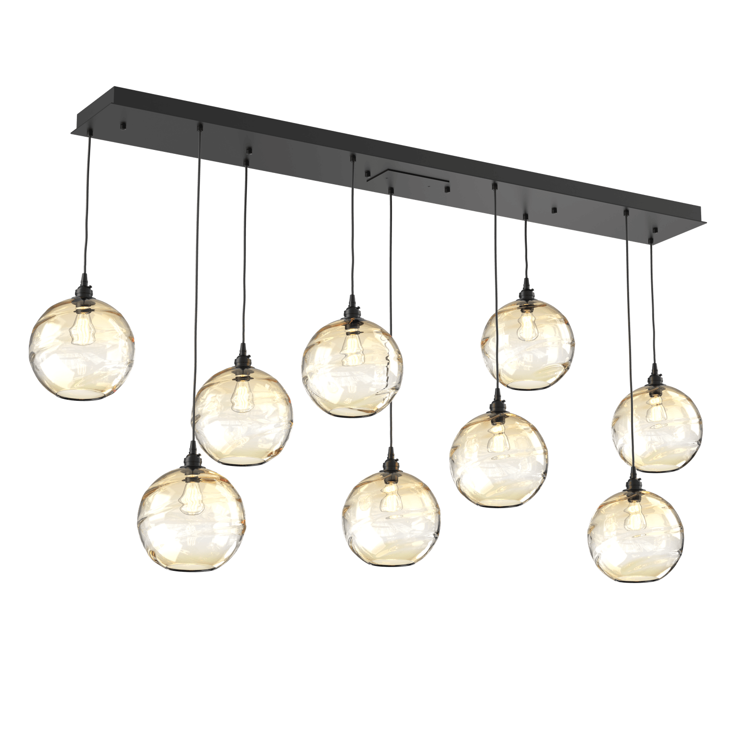 PLB0047-09-MB-OA-Hammerton-Studio-Optic-Blown-Glass-Terra-9-light-linear-pendant-chandelier-with-matte-black-finish-and-optic-amber-blown-glass-shades-and-incandescent-lamping