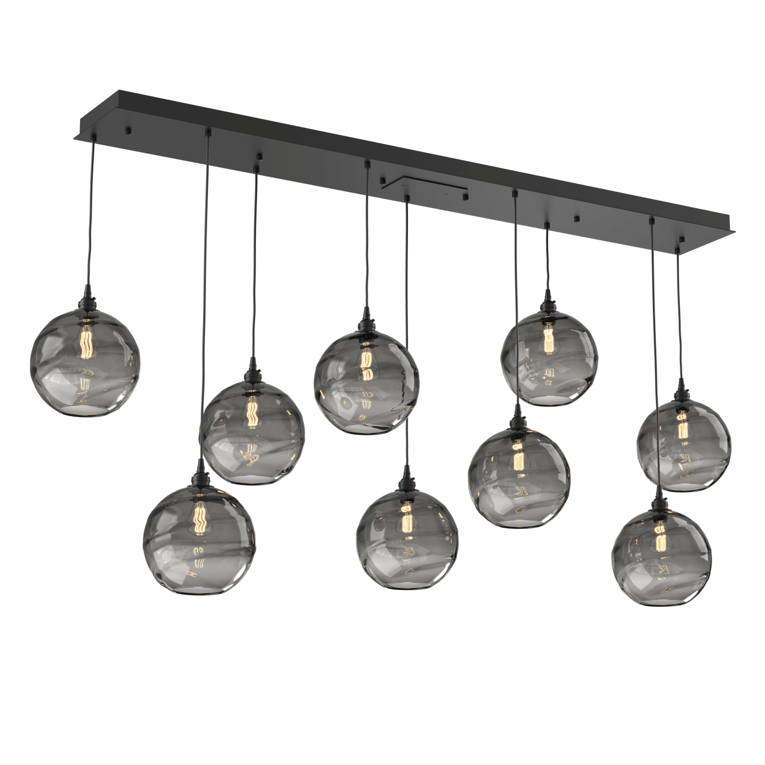 PLB0047-09-MB-OS-Hammerton-Studio-Optic-Blown-Glass-Terra-9-light-linear-pendant-chandelier-with-matte-black-finish-and-optic-smoke-blown-glass-shades-and-incandescent-lamping