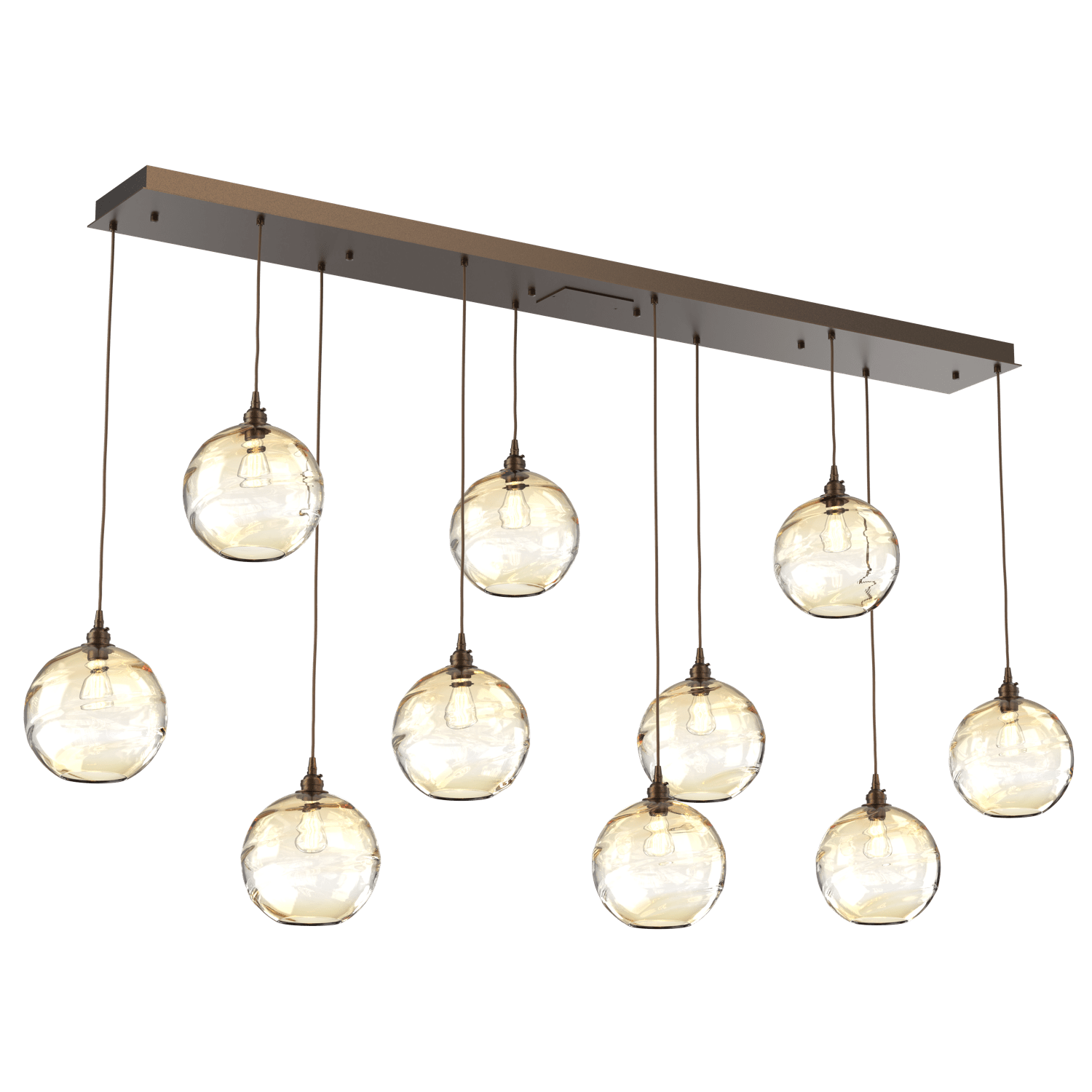 PLB0047-10-FB-OA-Hammerton-Studio-Optic-Blown-Glass-Terra-10-light-linear-pendant-chandelier-with-flat-bronze-finish-and-optic-amber-blown-glass-shades-and-incandescent-lamping