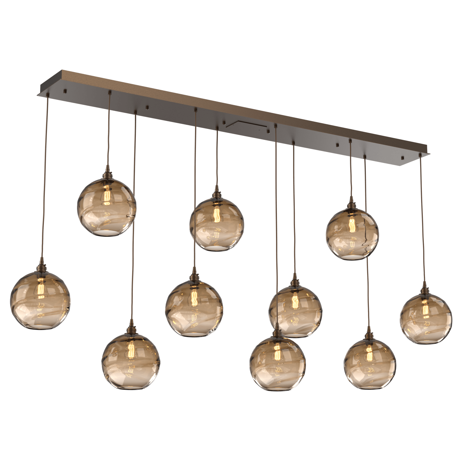 PLB0047-10-FB-OB-Hammerton-Studio-Optic-Blown-Glass-Terra-10-light-linear-pendant-chandelier-with-flat-bronze-finish-and-optic-bronze-blown-glass-shades-and-incandescent-lamping