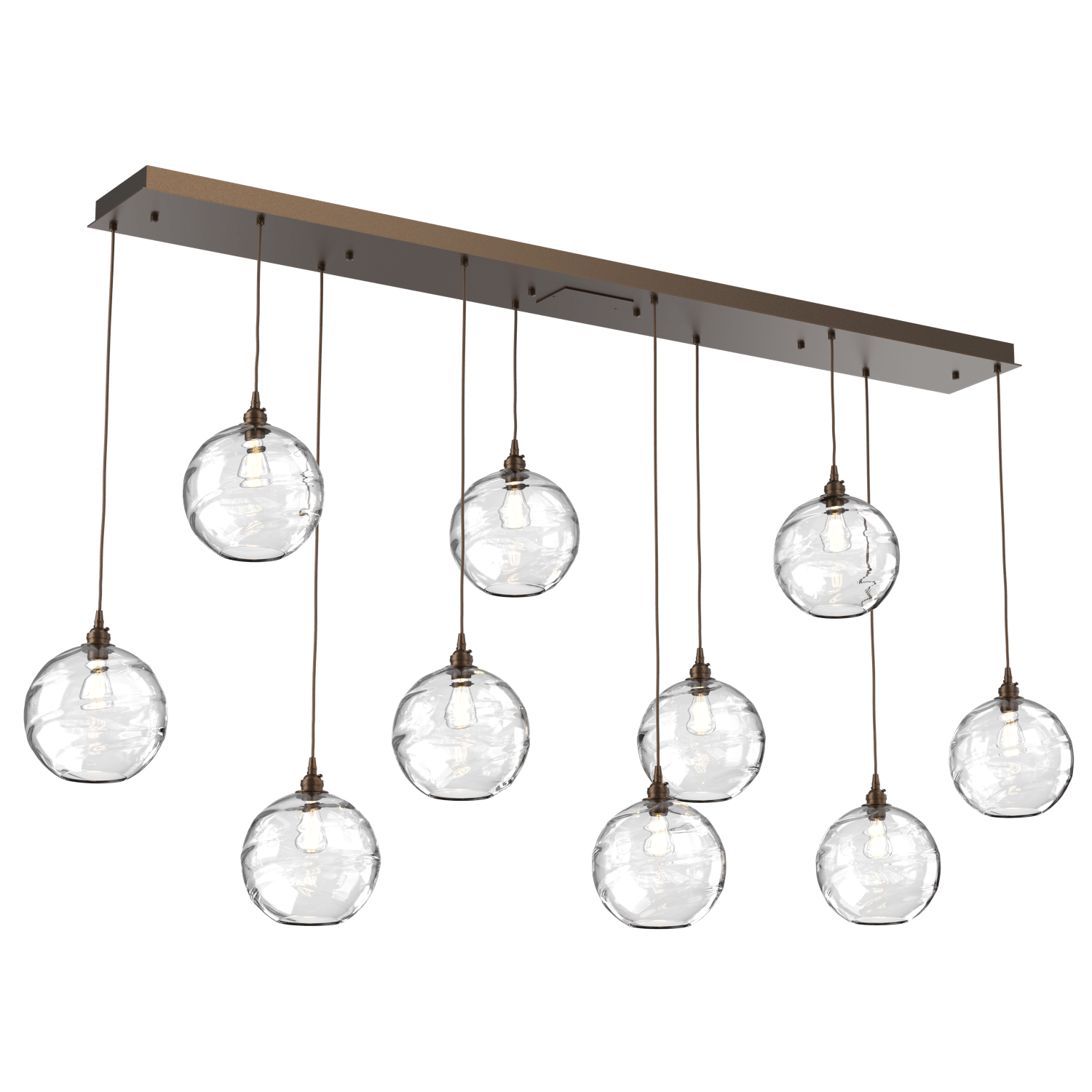 PLB0047-10-FB-OC-Hammerton-Studio-Optic-Blown-Glass-Terra-10-light-linear-pendant-chandelier-with-flat-bronze-finish-and-optic-clear-blown-glass-shades-and-incandescent-lamping